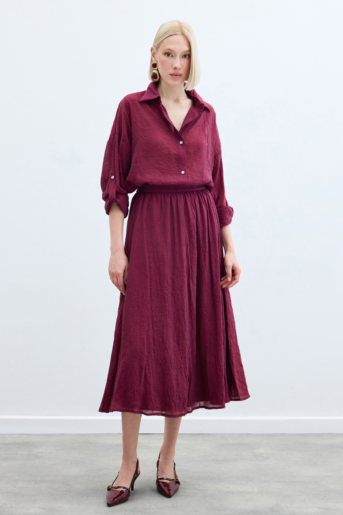 Kol Detaylı Salaş Gömlek - Bordo