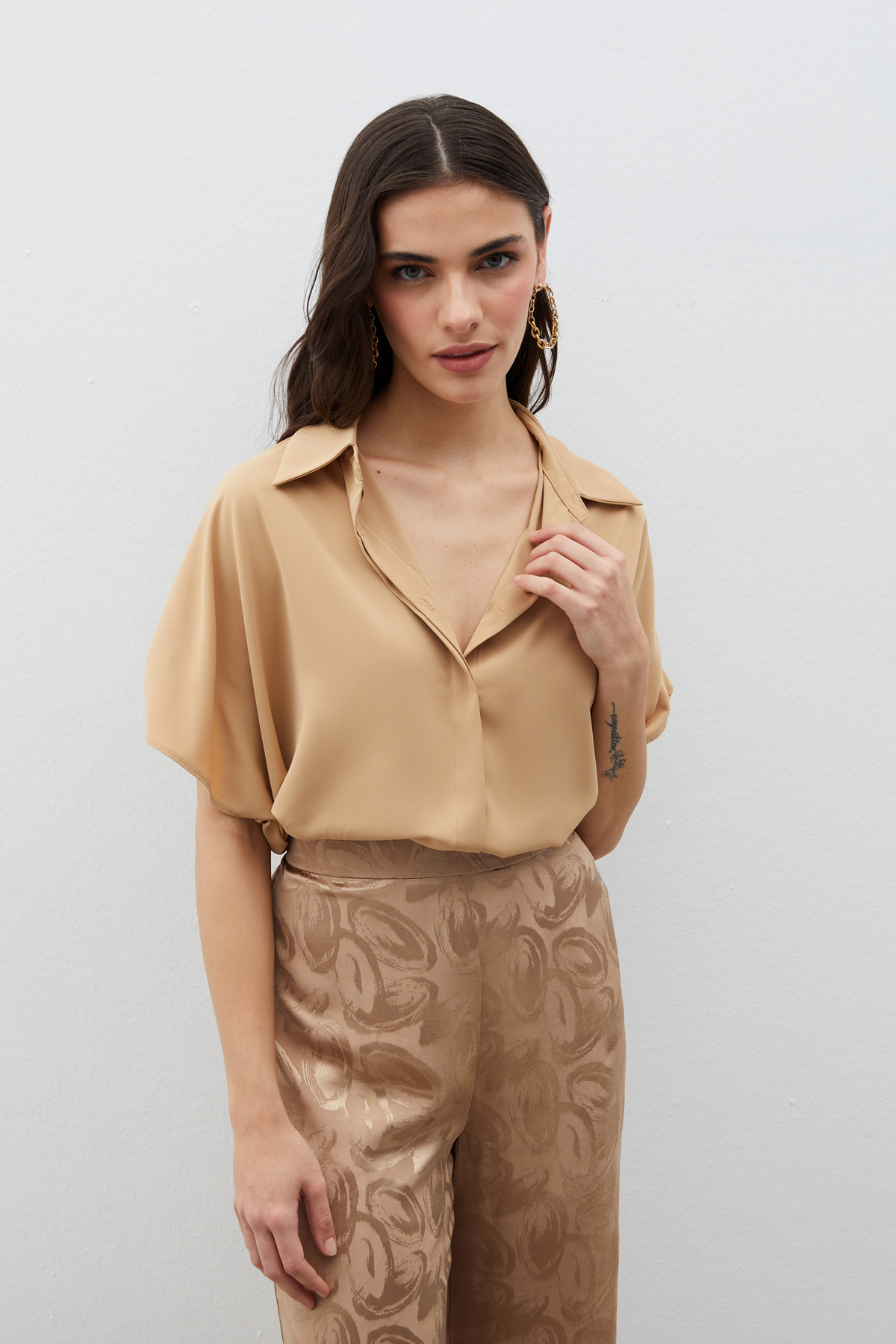 Kol Detaylı Salaş Gömlek - CAMEL