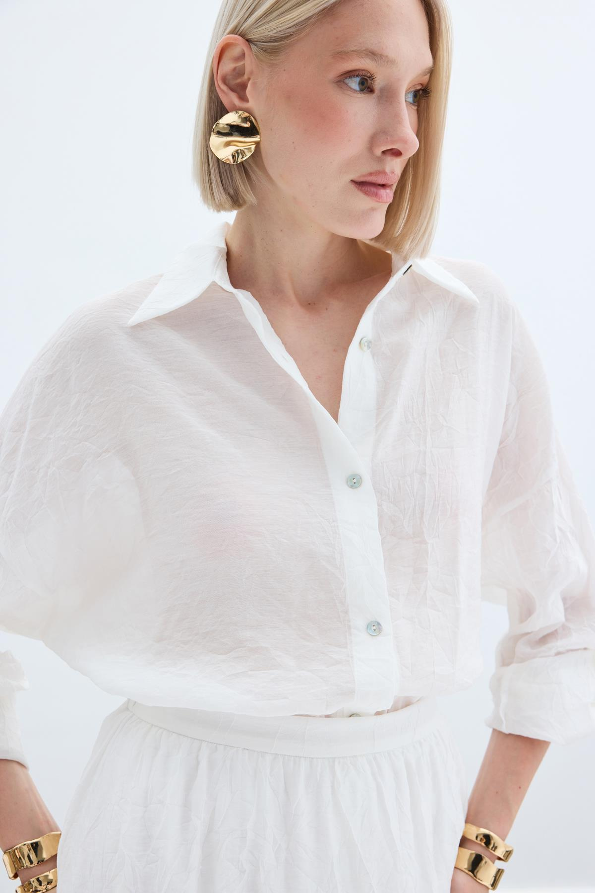 Kol Detaylı Salaş Gömlek - Ekru