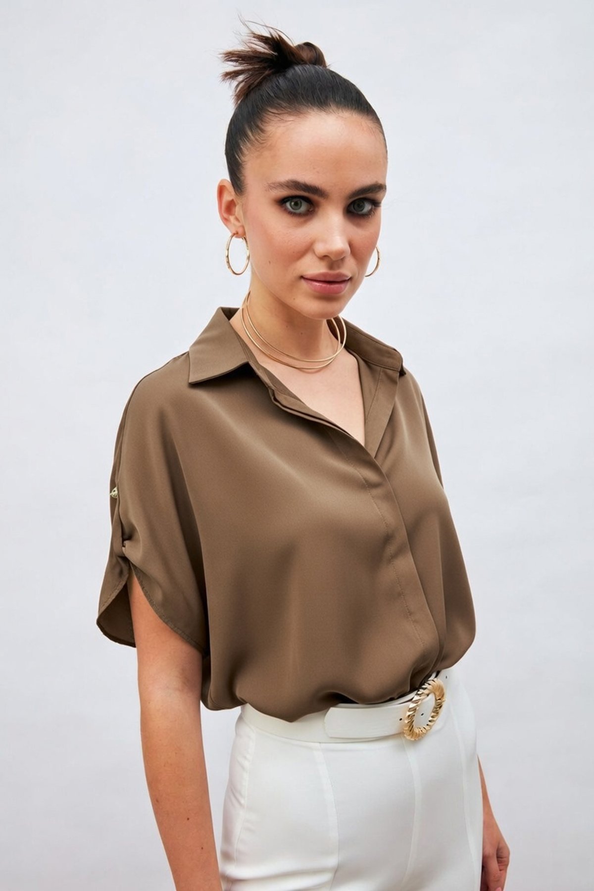 Kol Detaylı Salaş Gömlek - Kahve