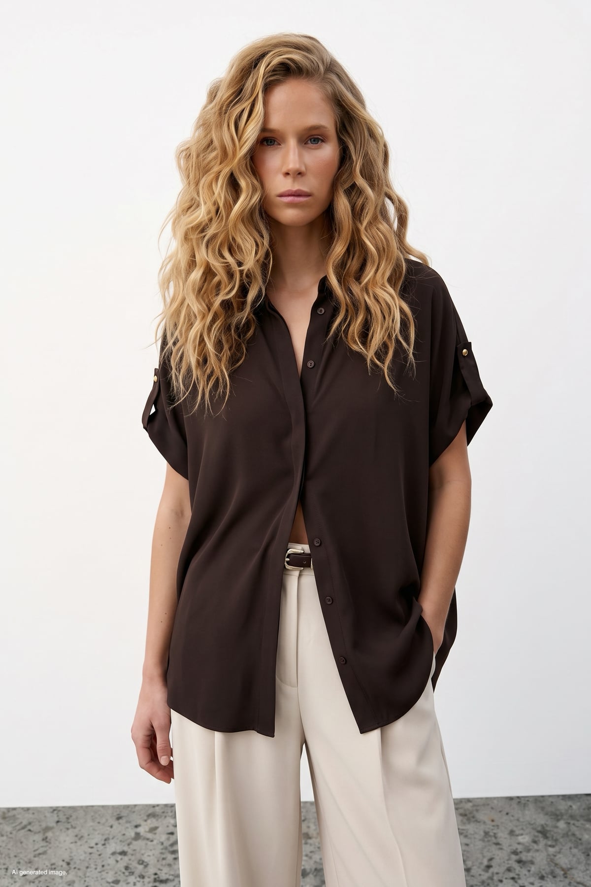Sleeve Detailed Loose Shirt - Brown