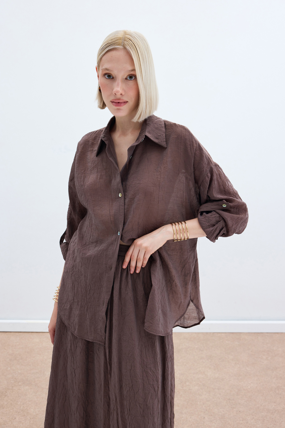 Kol Detaylı Salaş Gömlek - Kahve