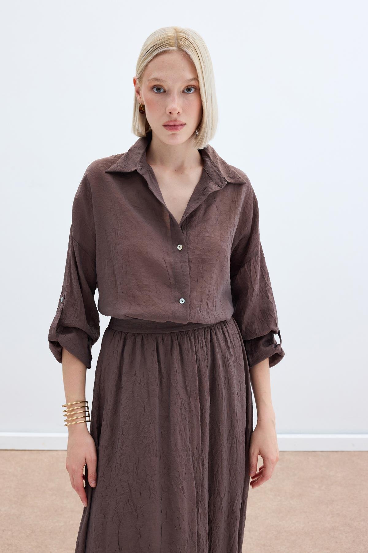 Kol Detaylı Salaş Gömlek - Kahve