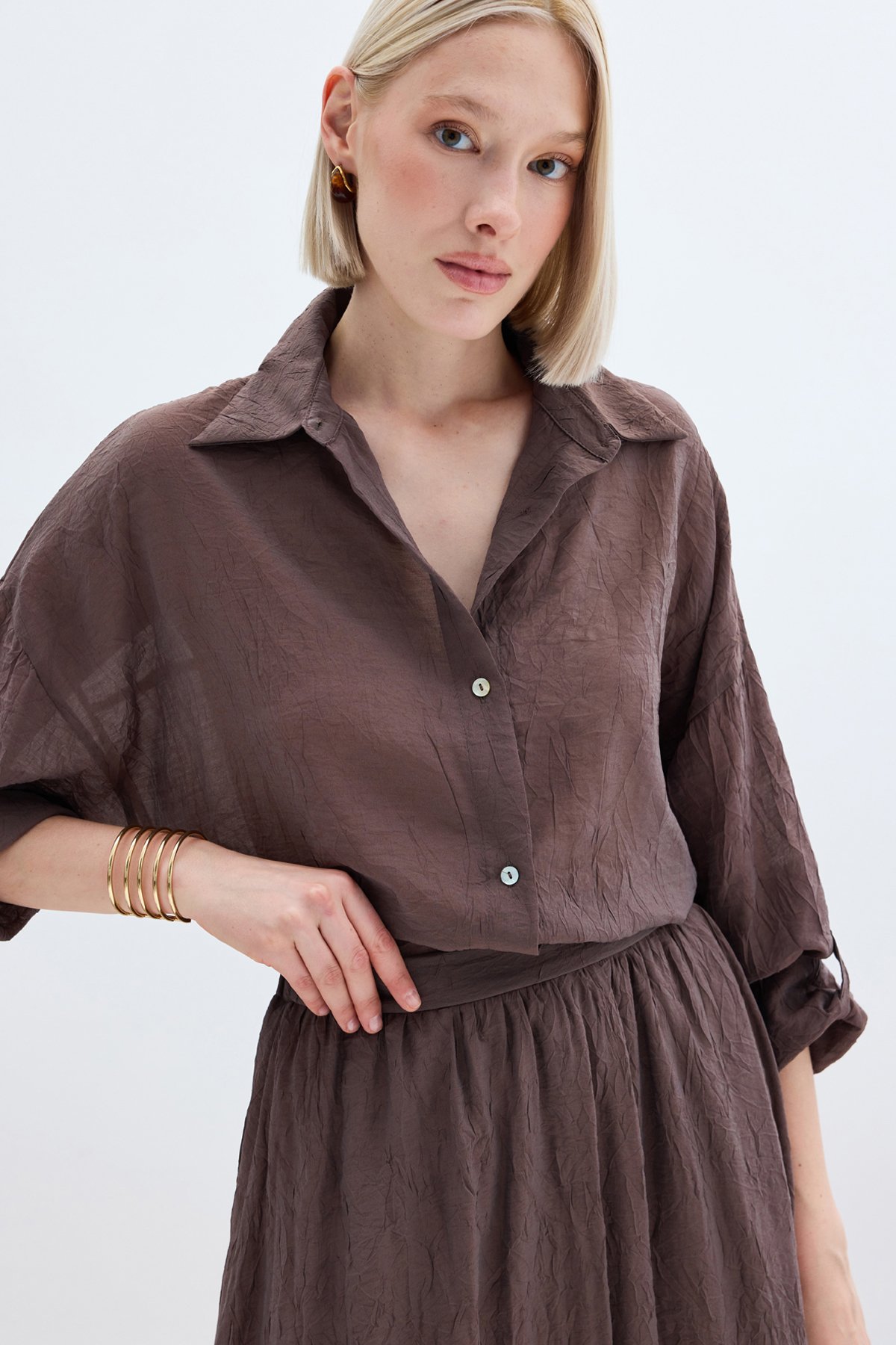 Kol Detaylı Salaş Gömlek - Kahve
