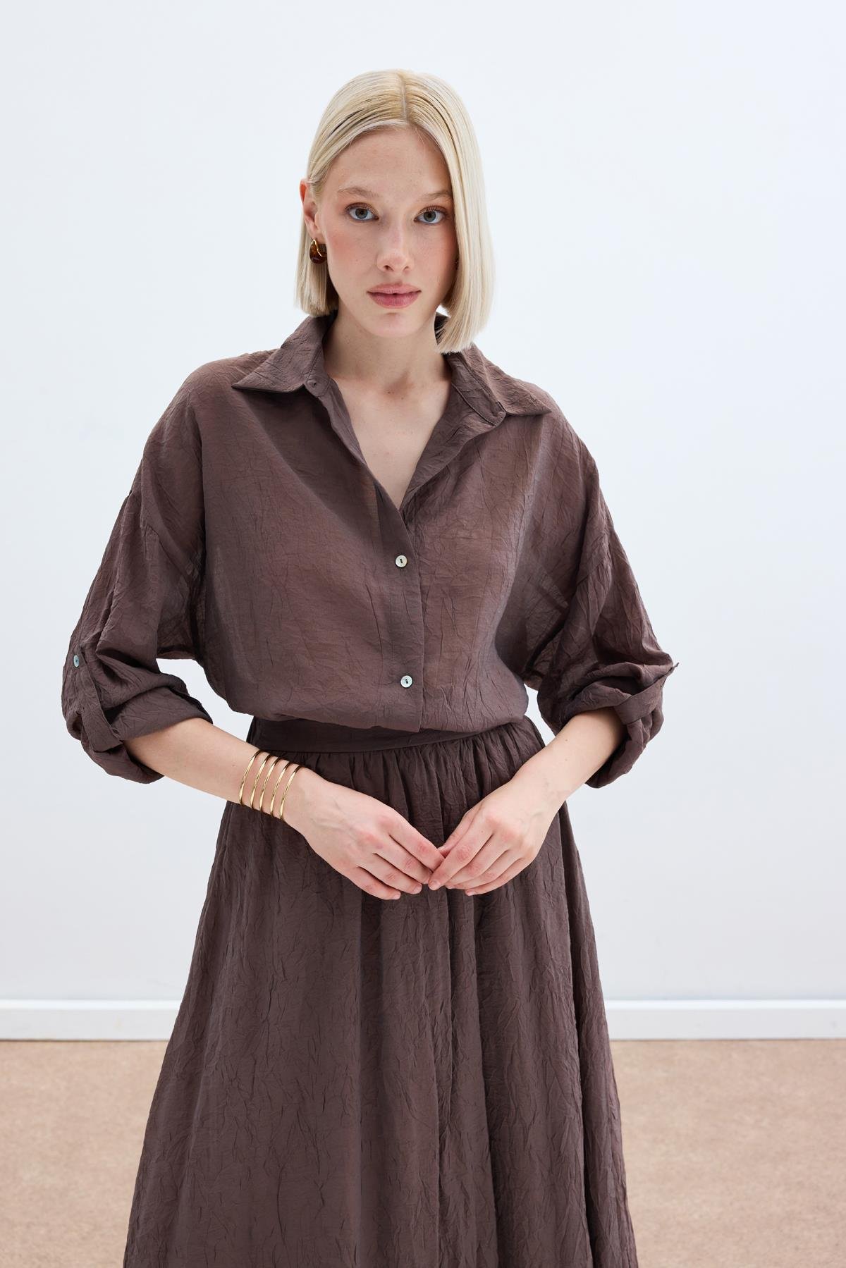 Kol Detaylı Salaş Gömlek - Kahve