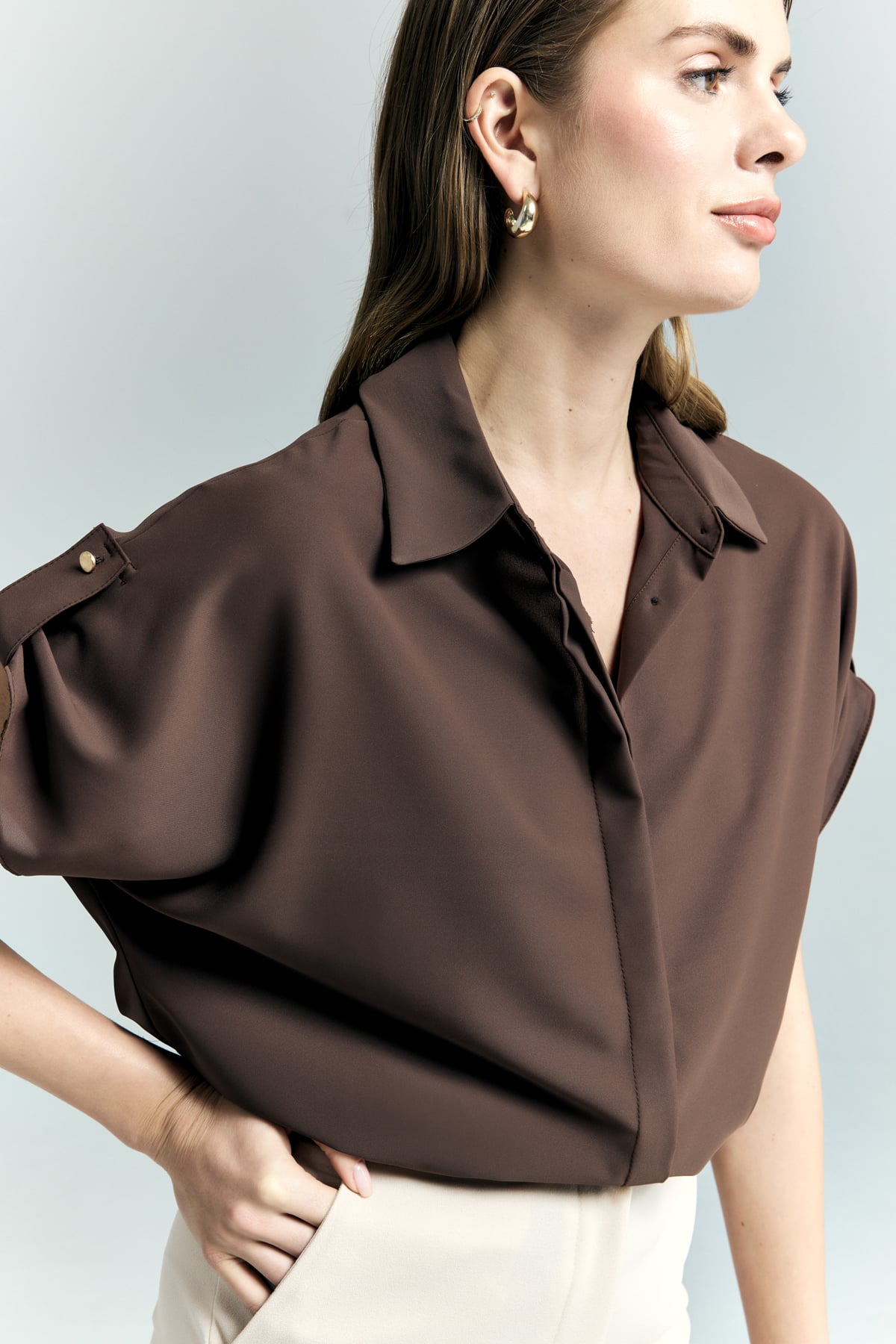 Sleeve Detailed Loose Shirt - Brown