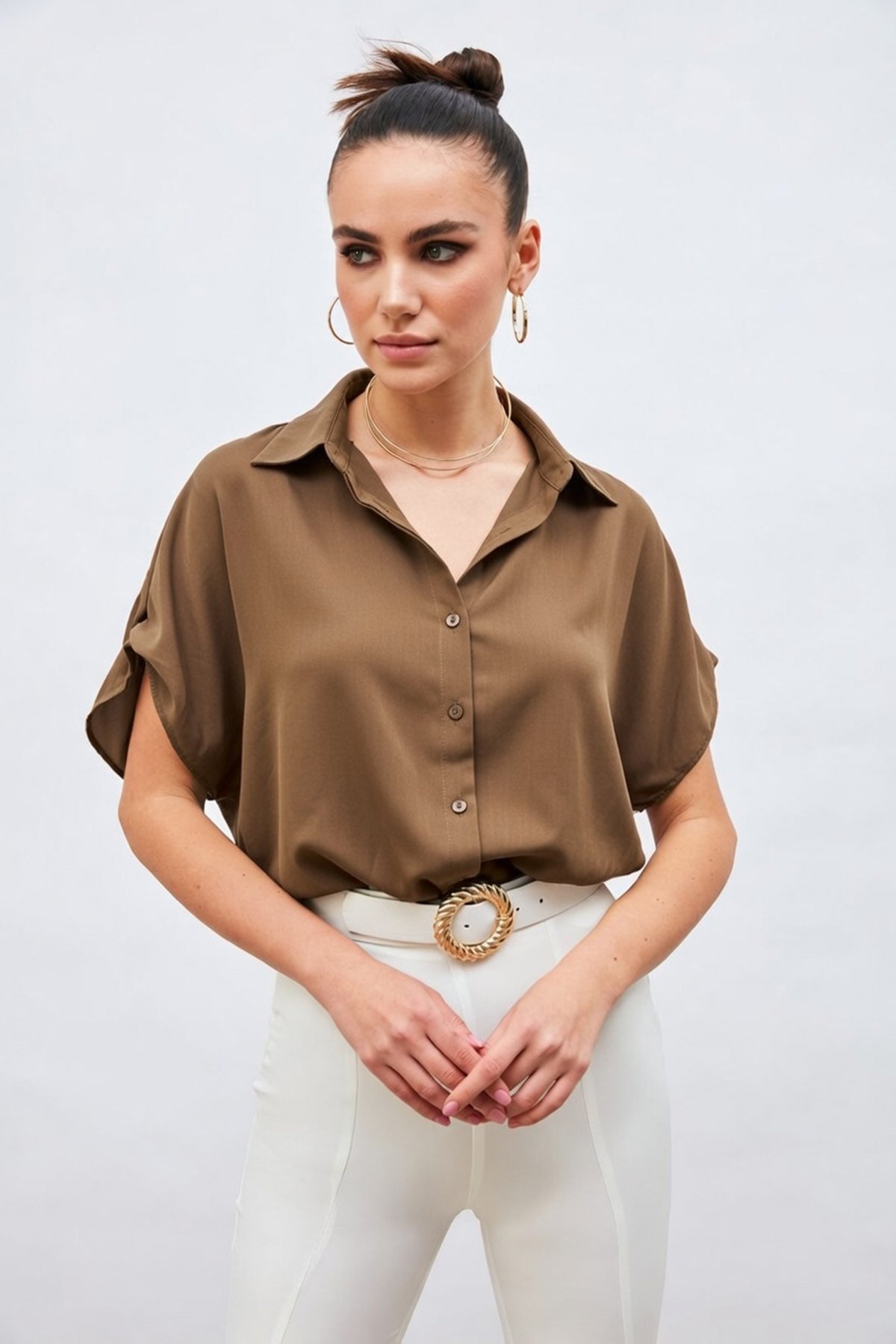 Kol Detaylı Salaş Gömlek - Kahve