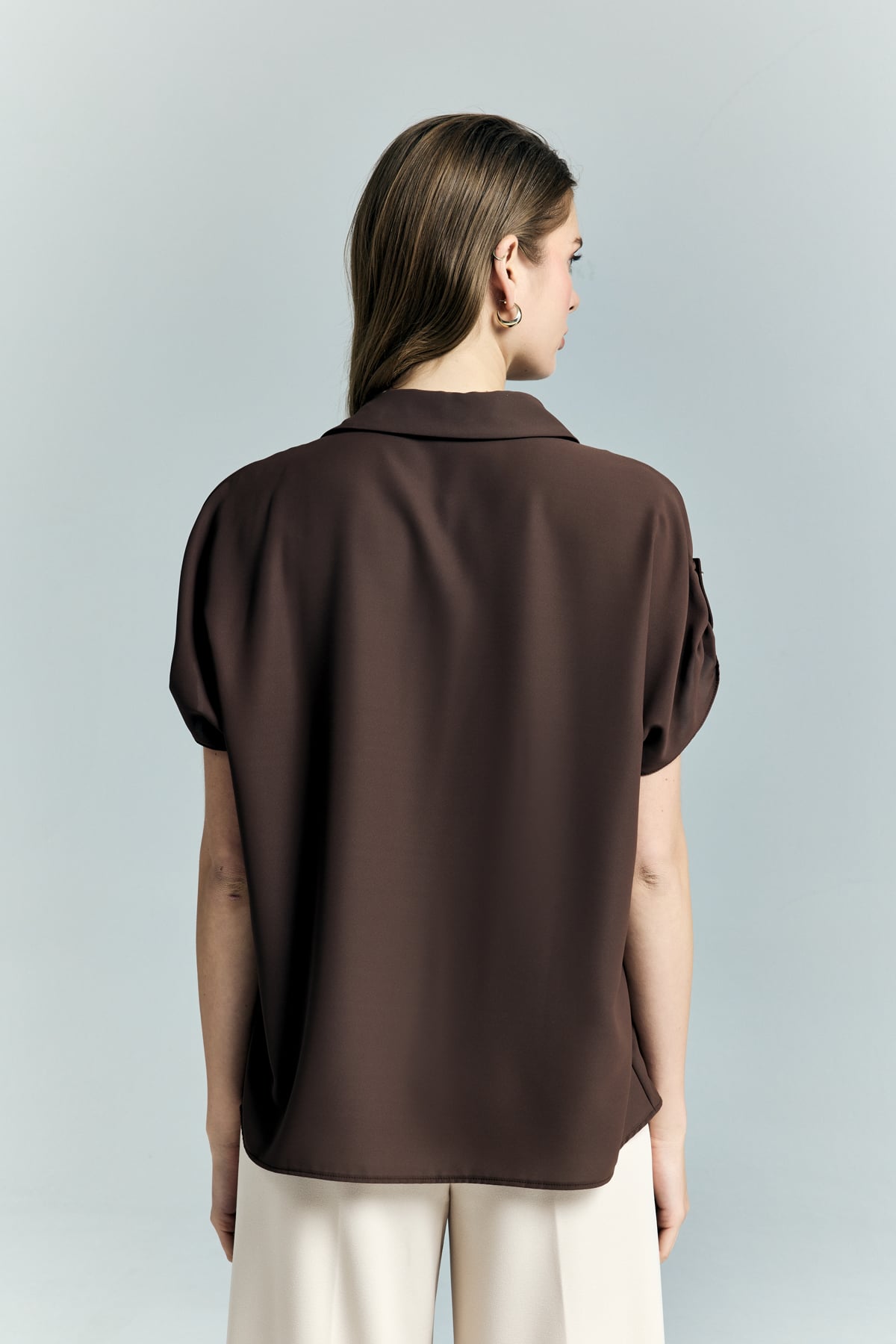 Sleeve Detailed Loose Shirt - Brown