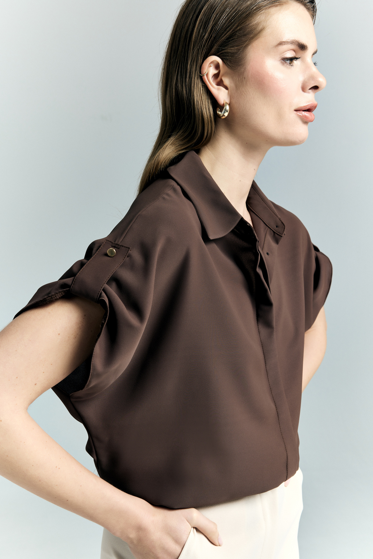 Sleeve Detailed Loose Shirt - Brown