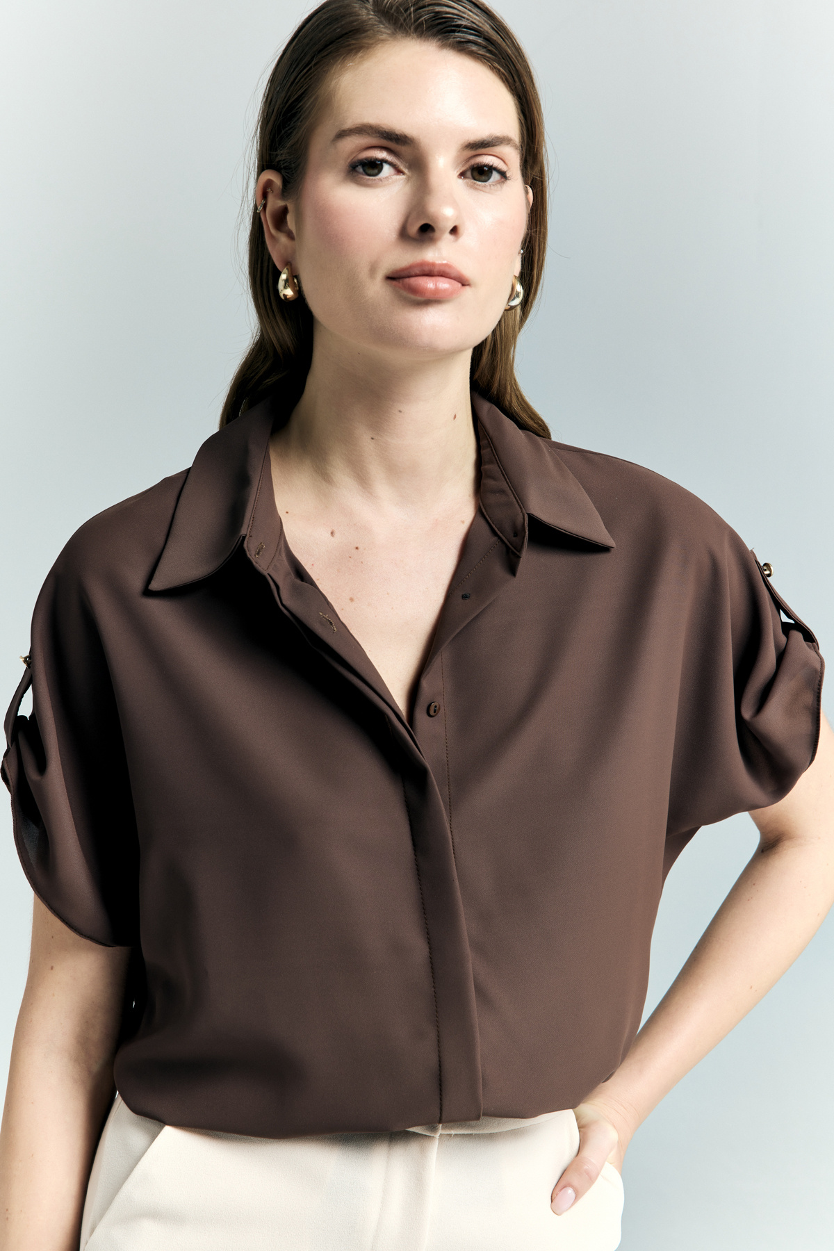 Sleeve Detailed Loose Shirt - Brown