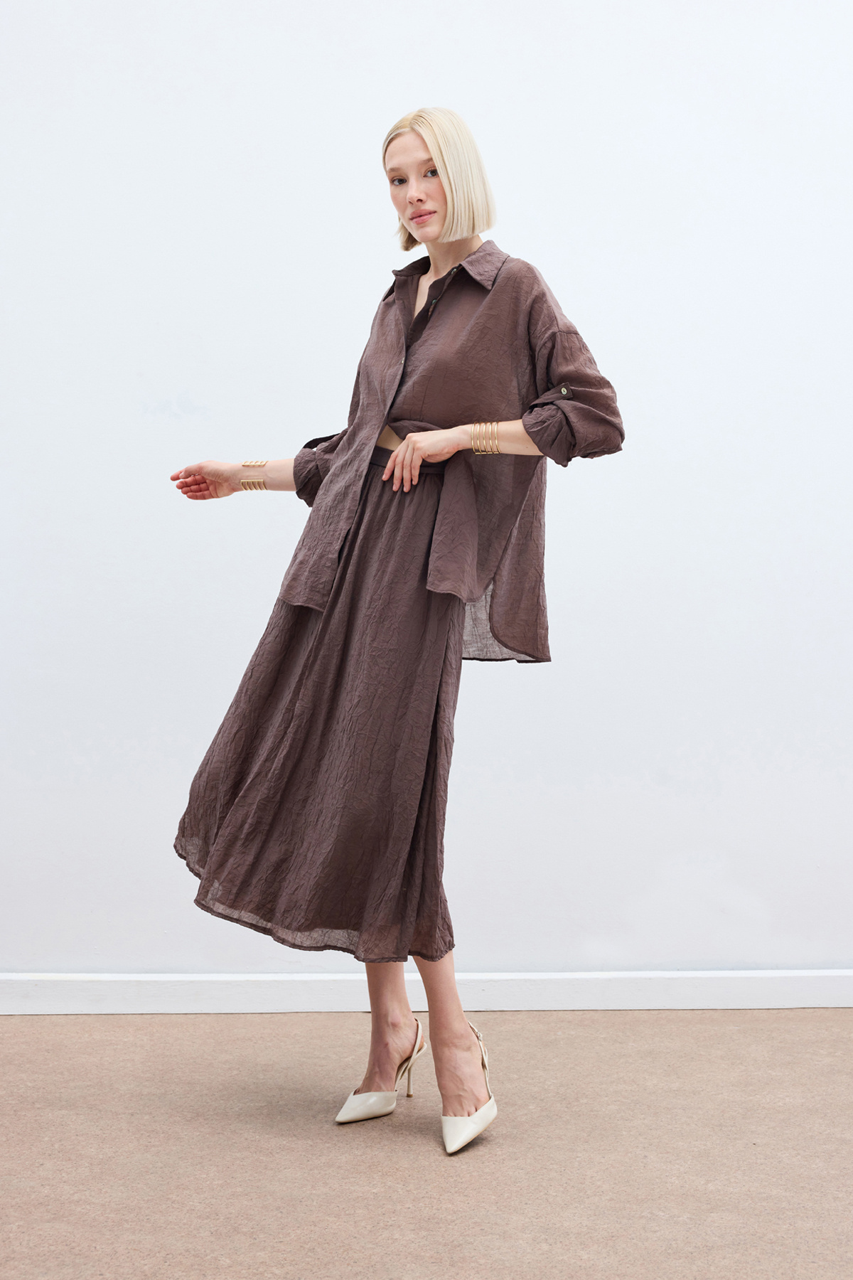 Kol Detaylı Salaş Gömlek - Kahve