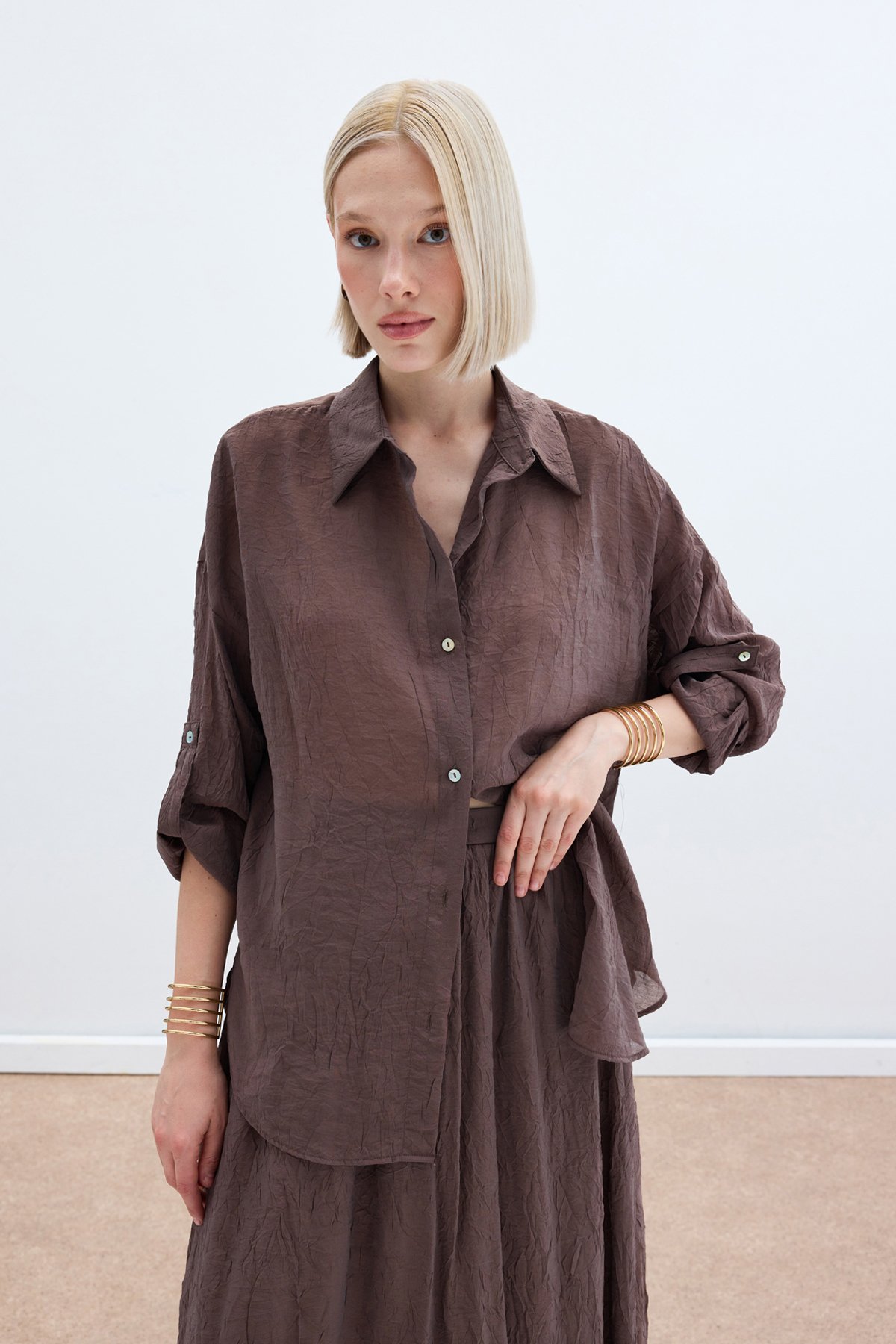 Kol Detaylı Salaş Gömlek - Kahve
