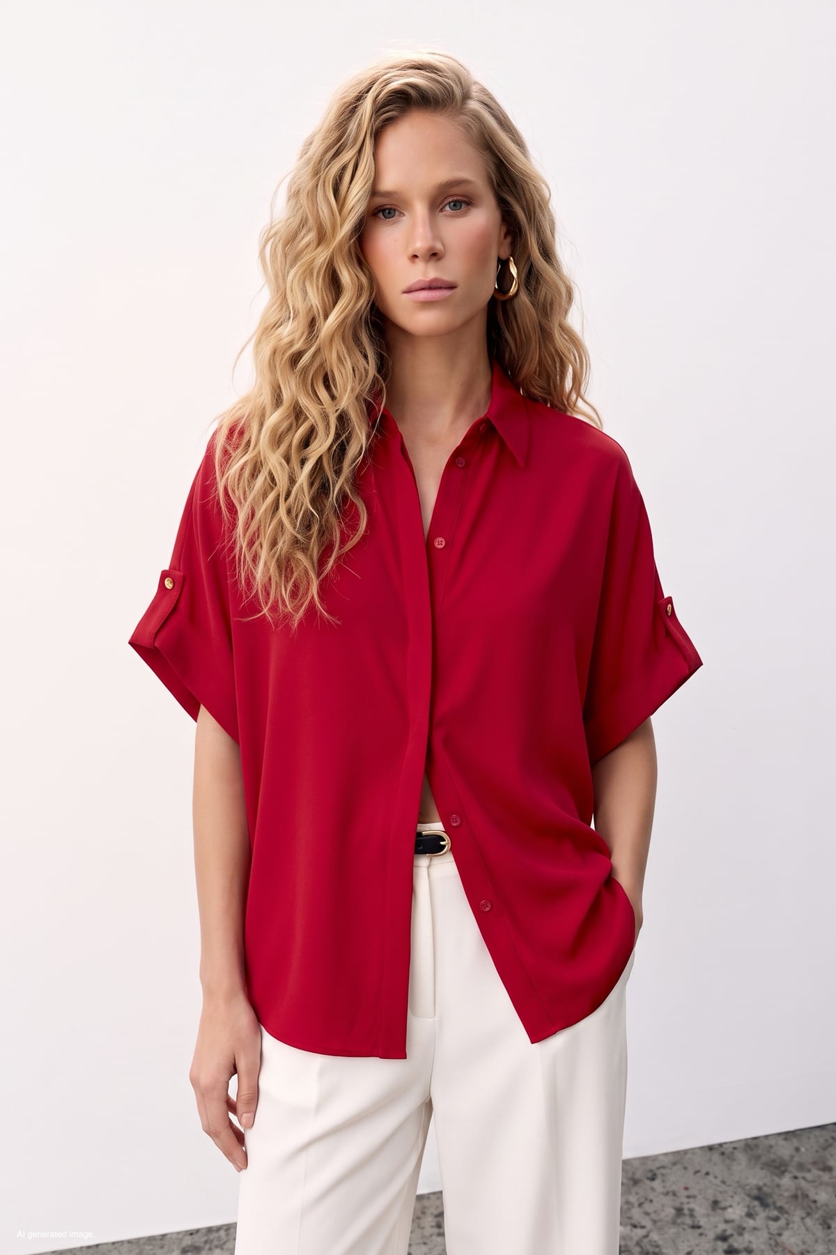 Sleeve Detailed Loose Shirt - Red