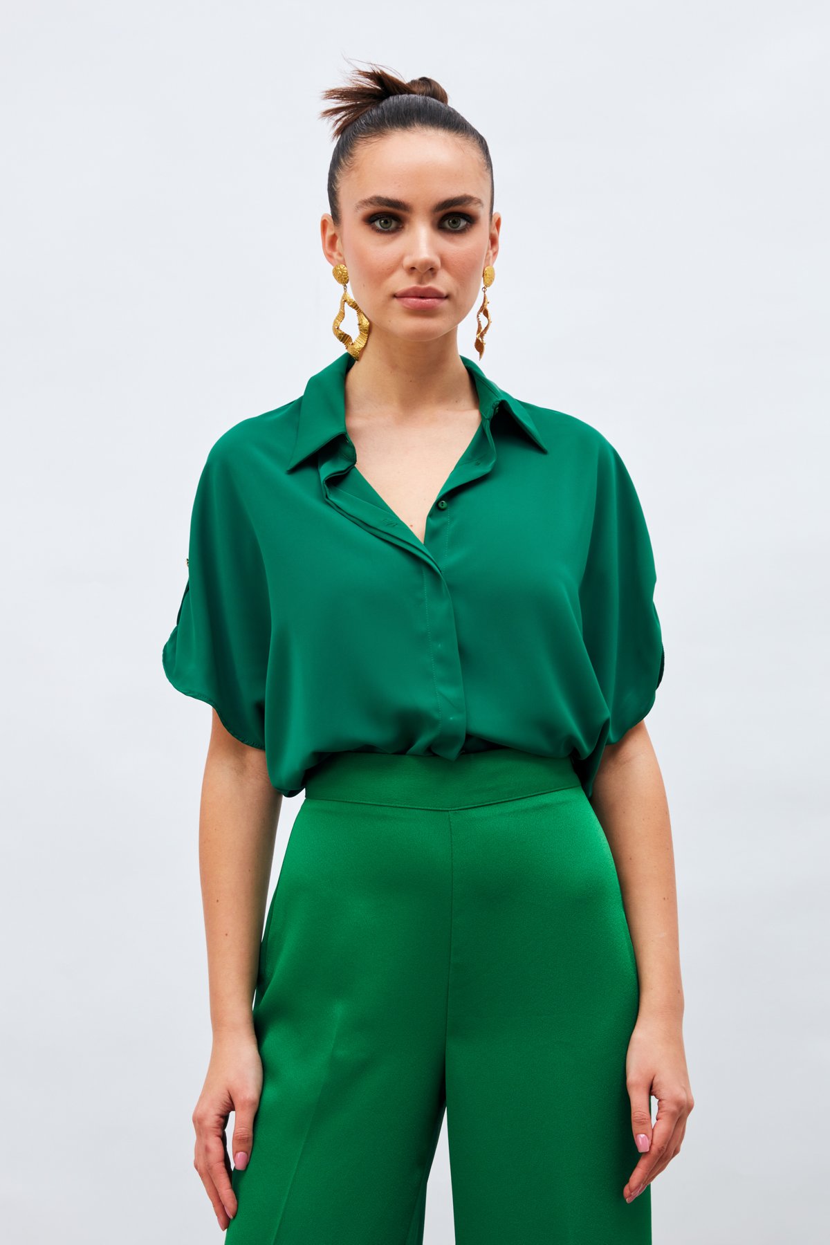 Kol Detaylı Salaş Gömlek - KOYU YEŞİL