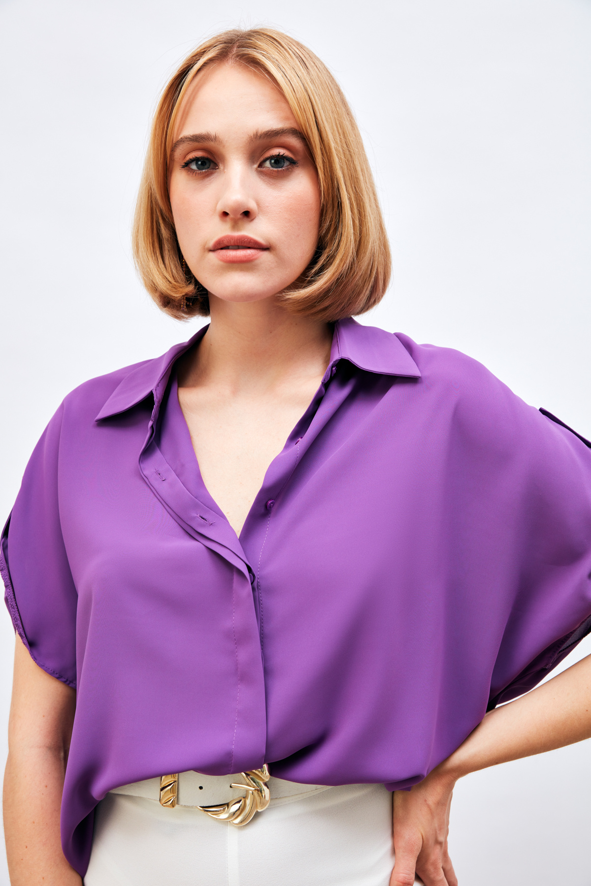 Sleeve Detailed Loose Shirt - PURPLE