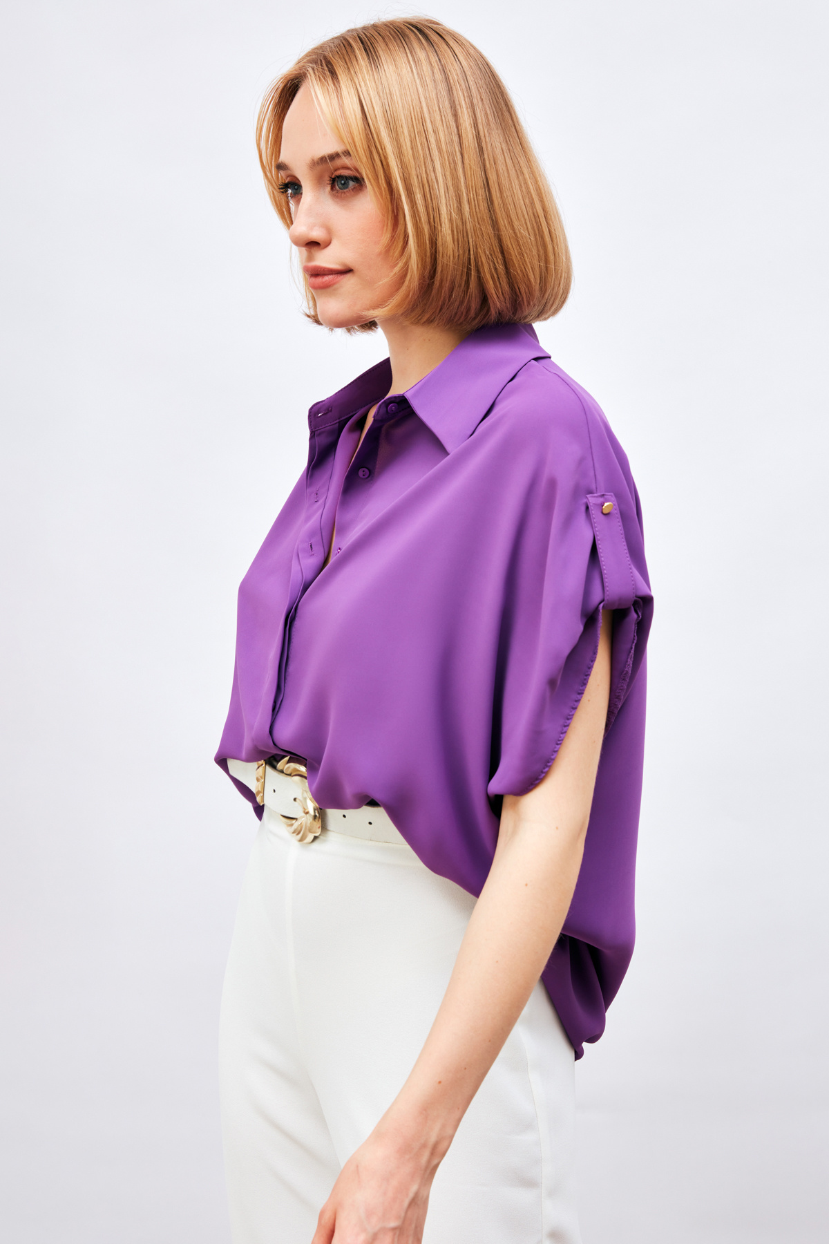 Sleeve Detailed Loose Shirt - PURPLE