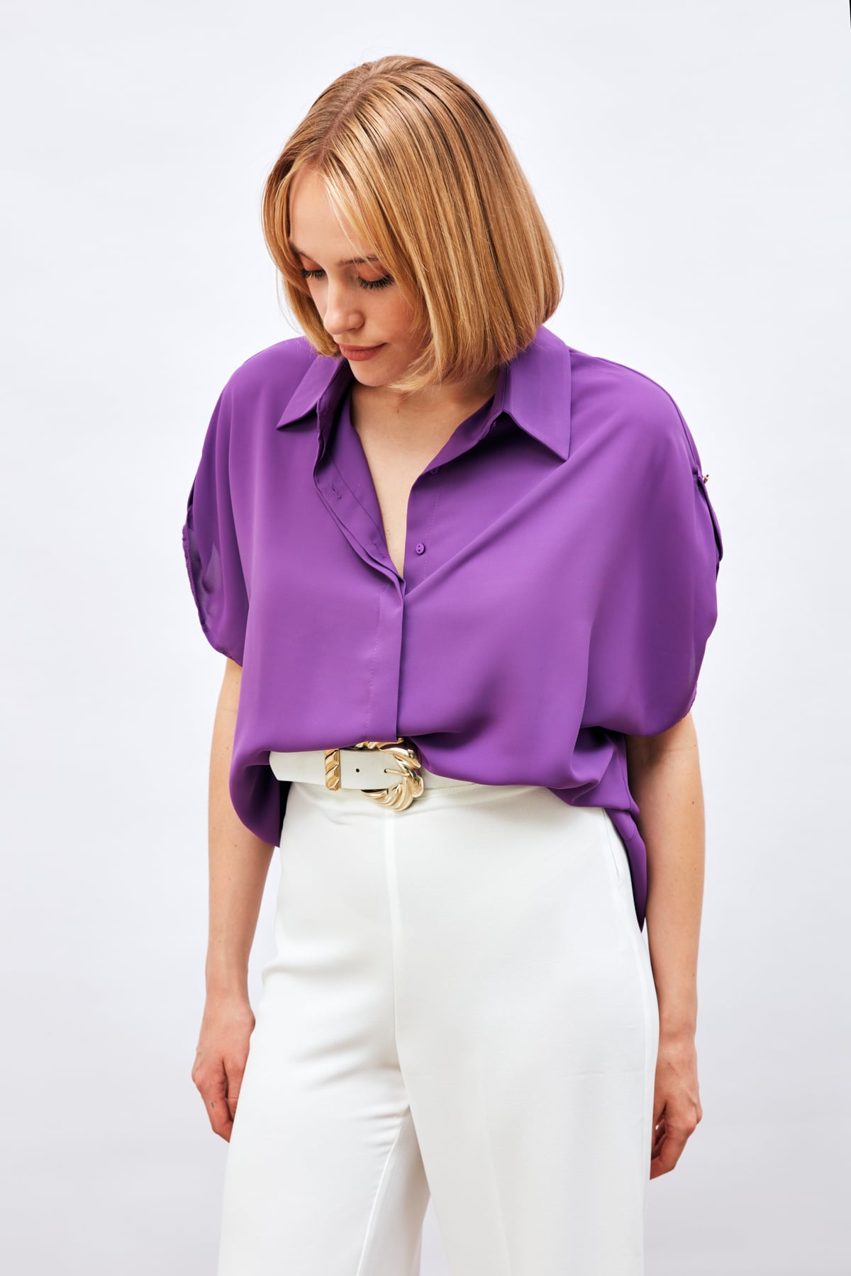 Sleeve Detailed Loose Shirt - PURPLE