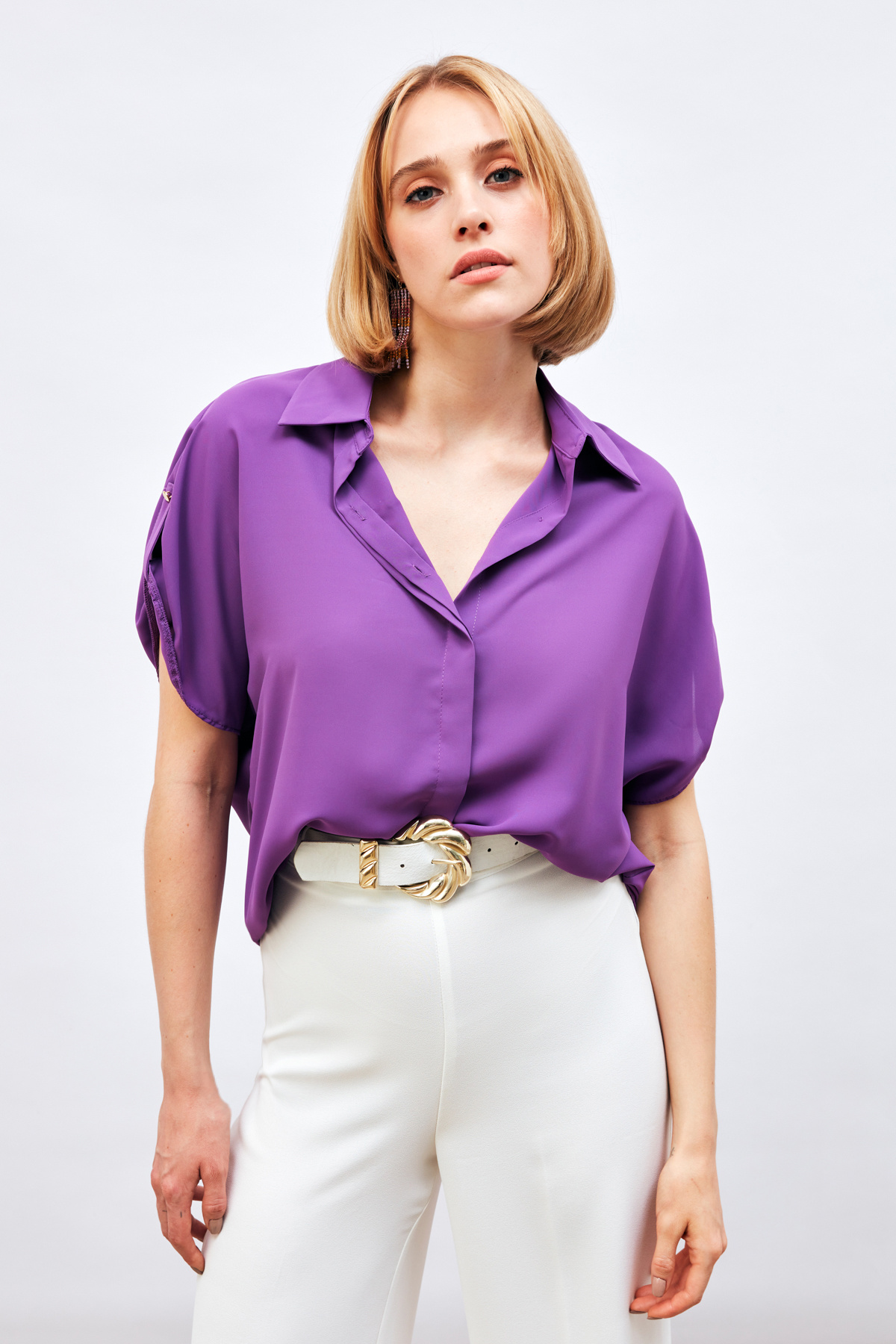 Sleeve Detailed Loose Shirt - PURPLE