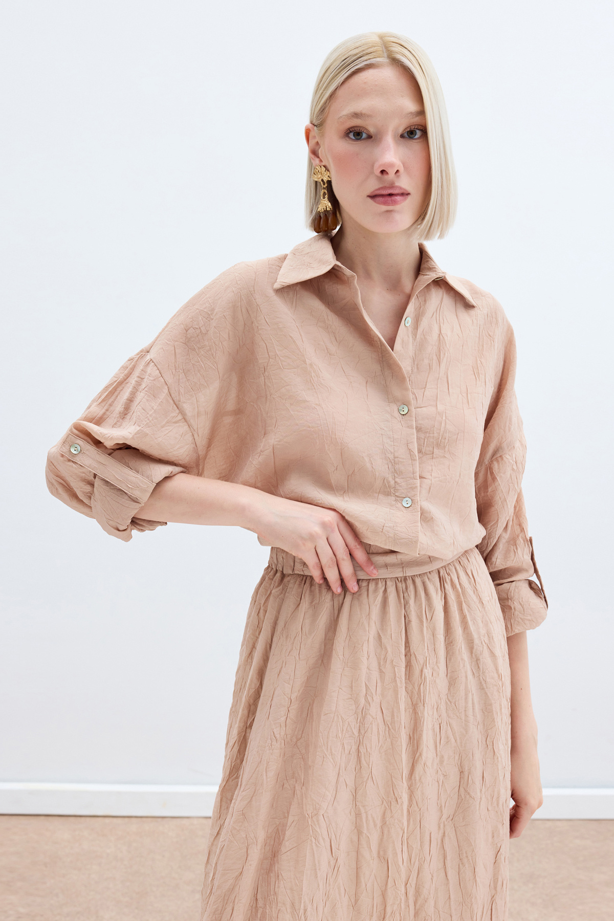 Kol Detaylı Salaş Gömlek - Pudra