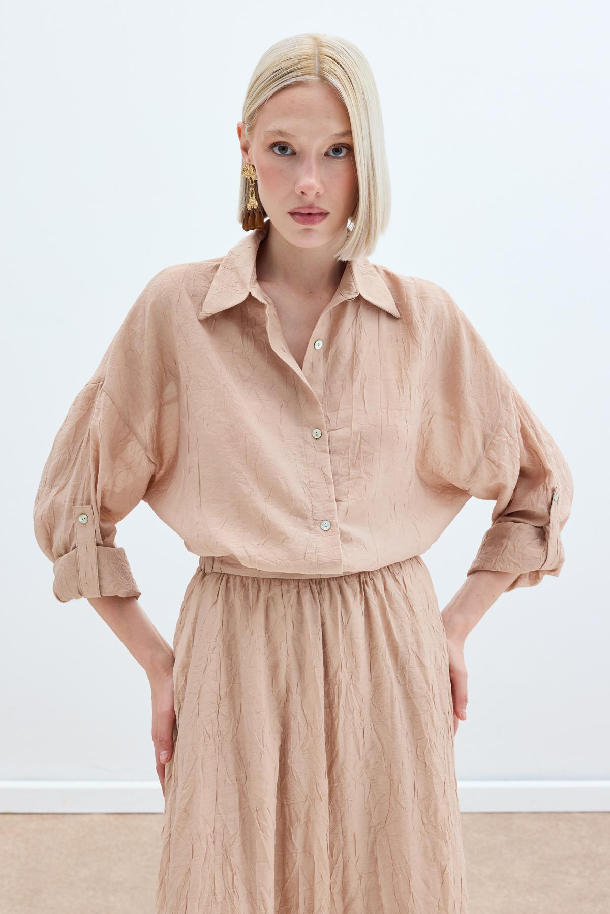 Kol Detaylı Salaş Gömlek - Pudra