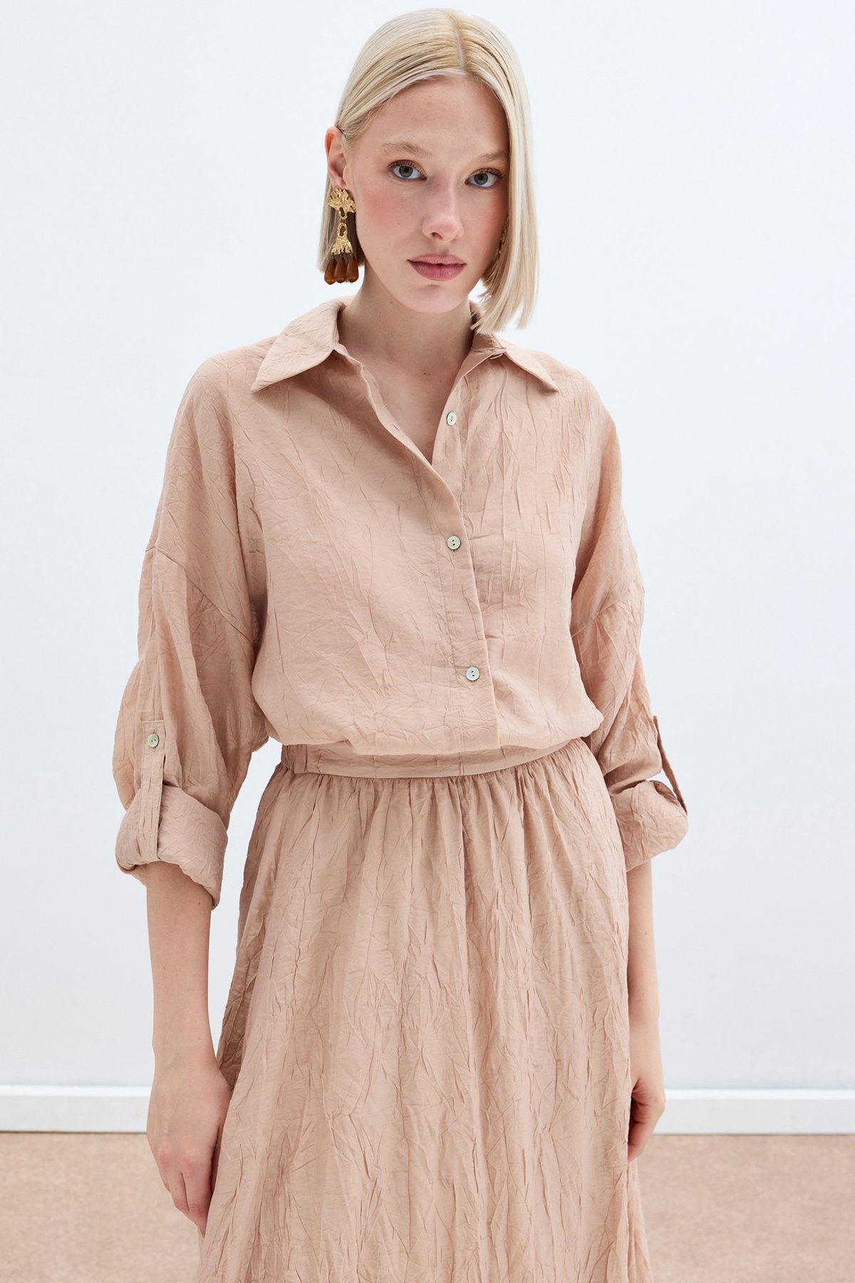 Kol Detaylı Salaş Gömlek - Pudra