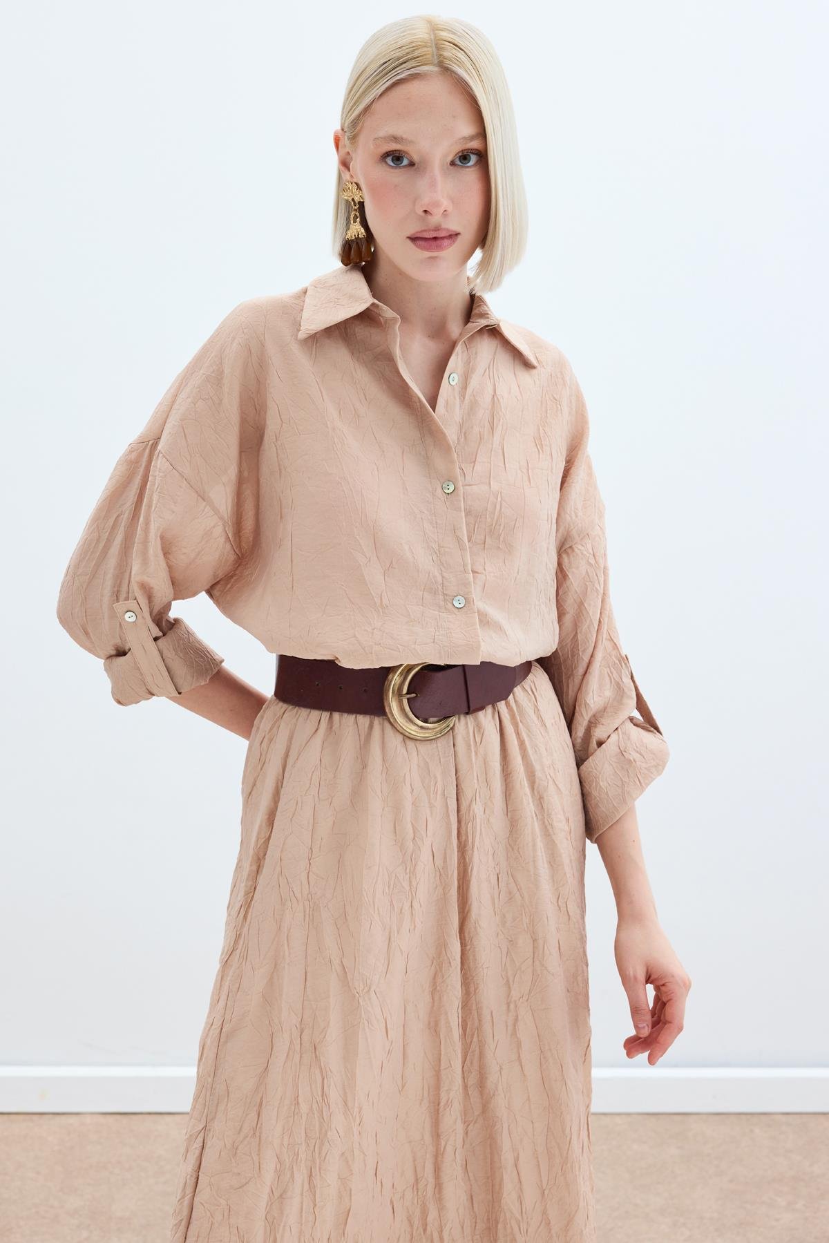 Kol Detaylı Salaş Gömlek - Pudra
