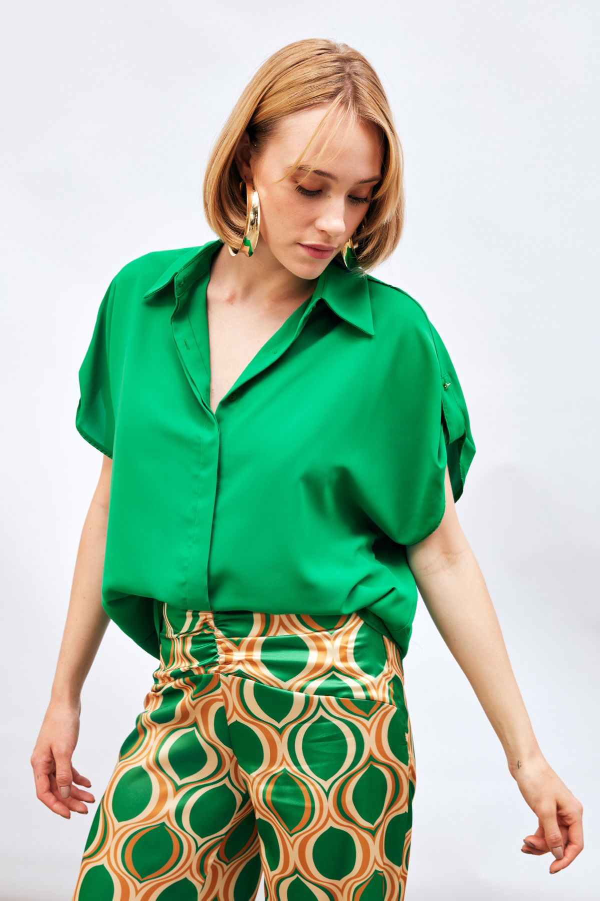 Sleeve Detailed Loose Shirt - GREEN