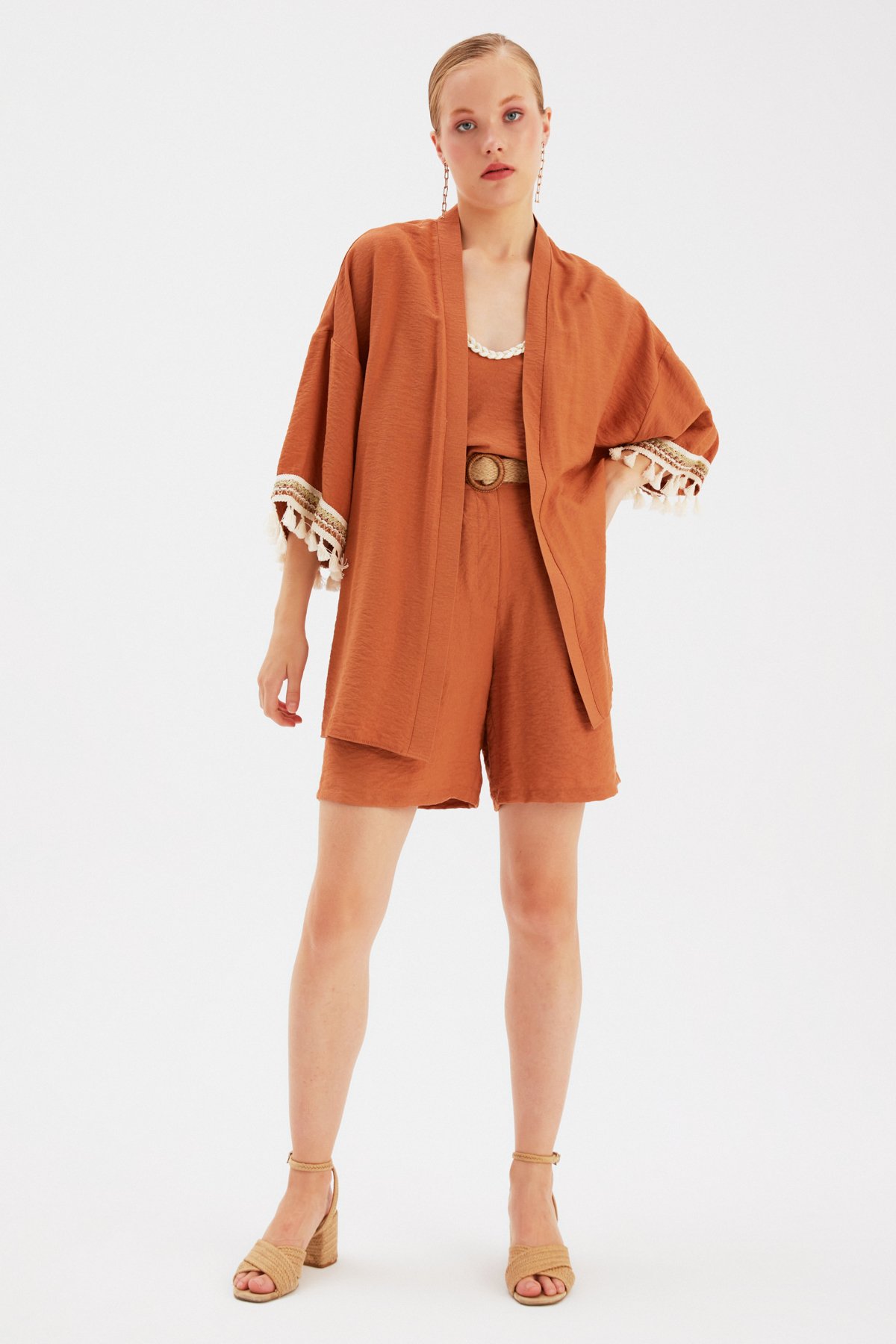 Kol Detaylı Salaş Keten Kimono - TABA