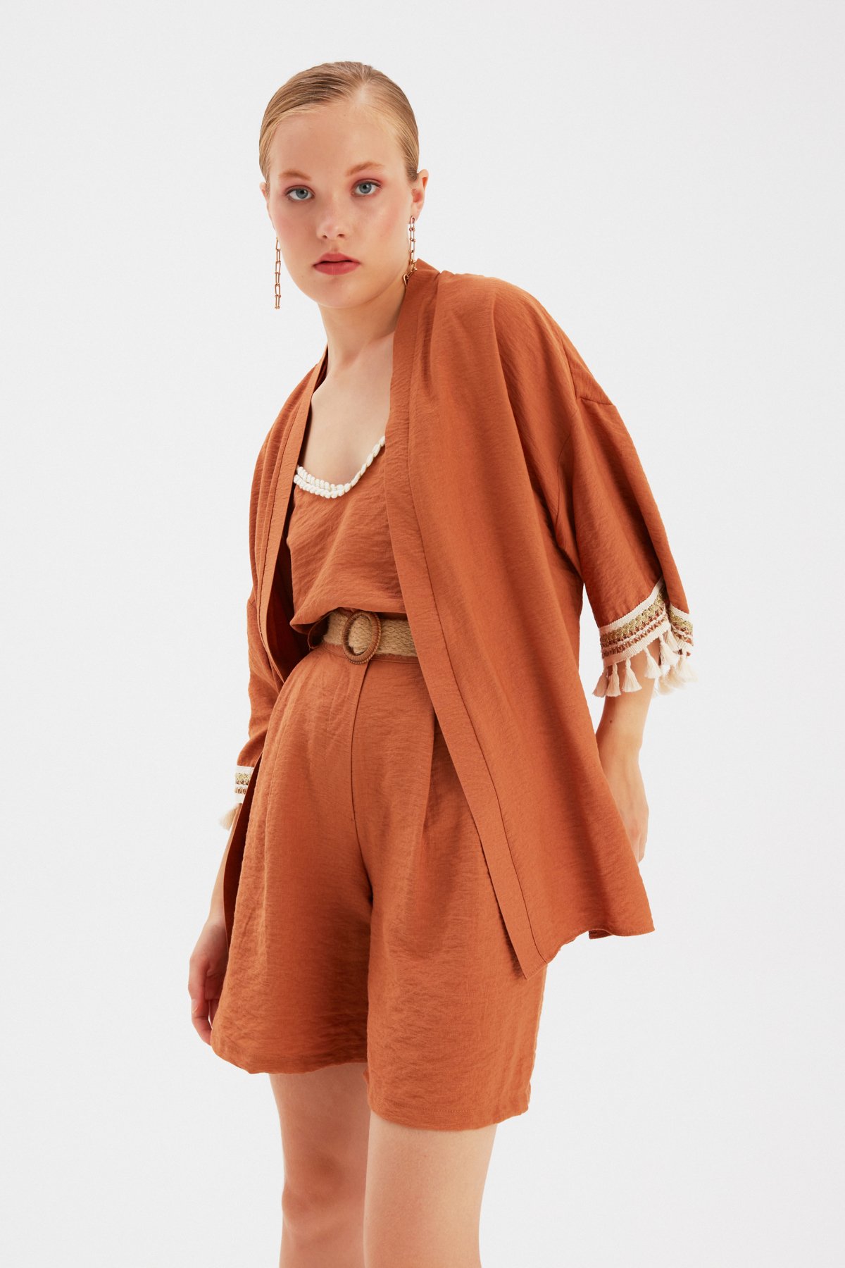 Kol Detaylı Salaş Keten Kimono - TABA