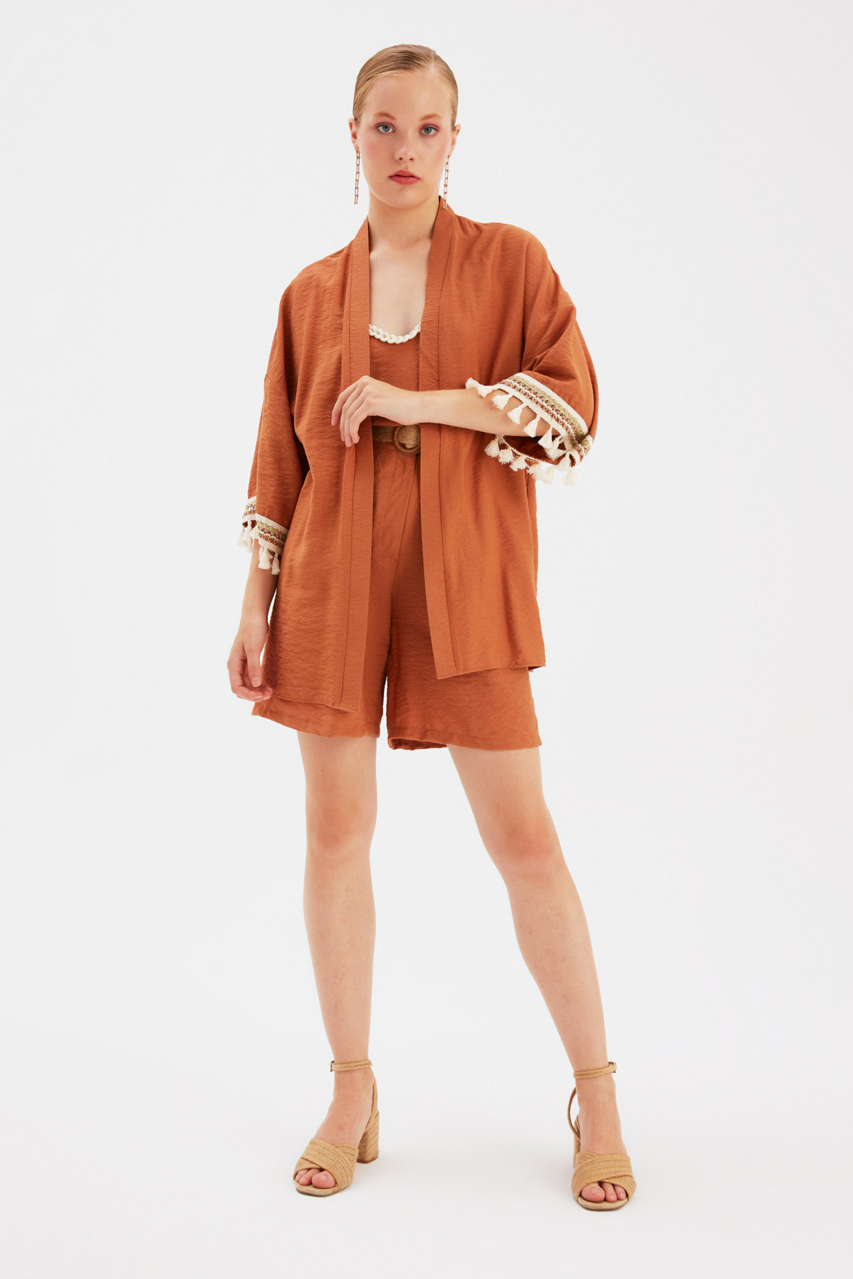 Kol Detaylı Salaş Keten Kimono - TABA