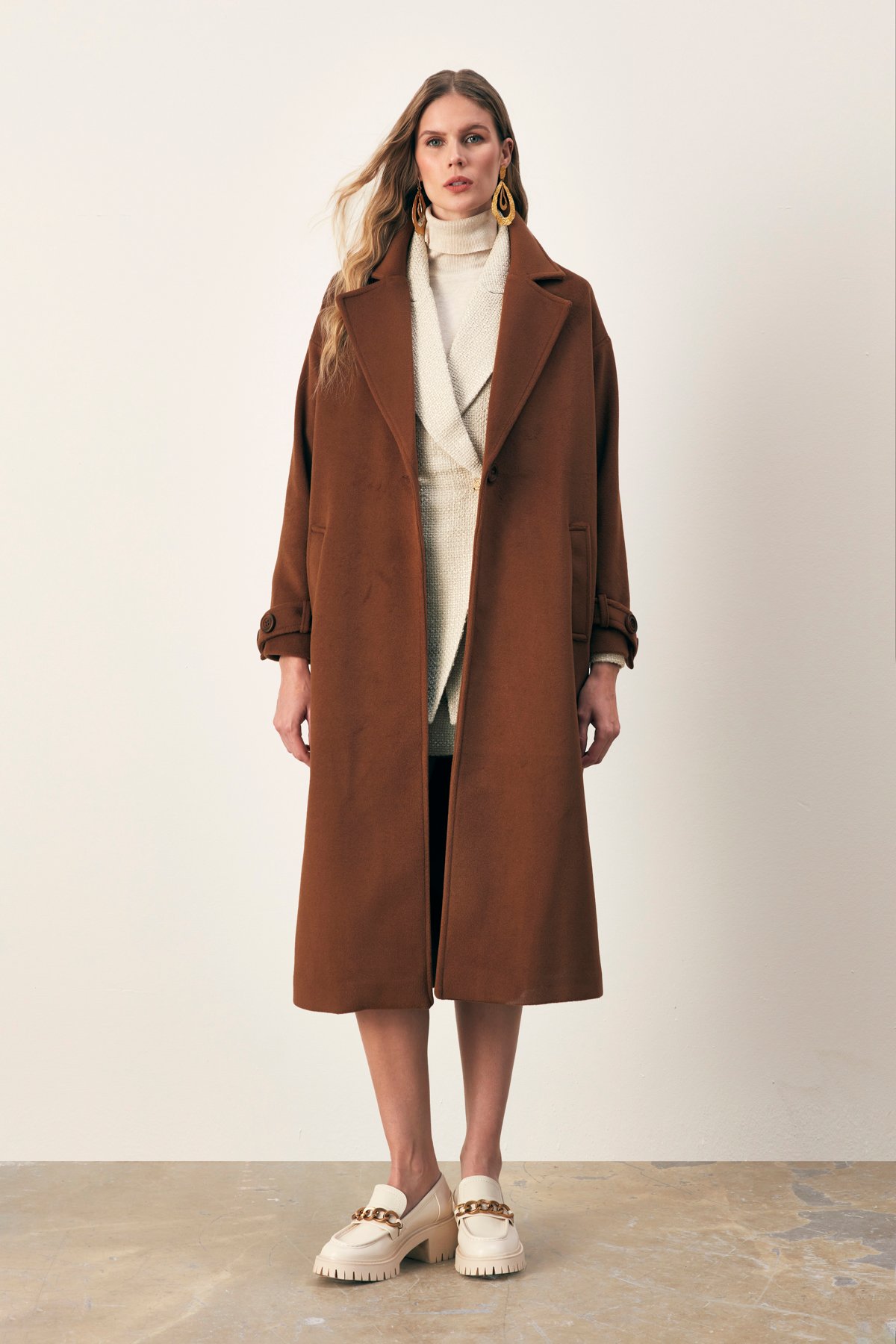 Arm Belt Detailed Loose Coat - BROWN