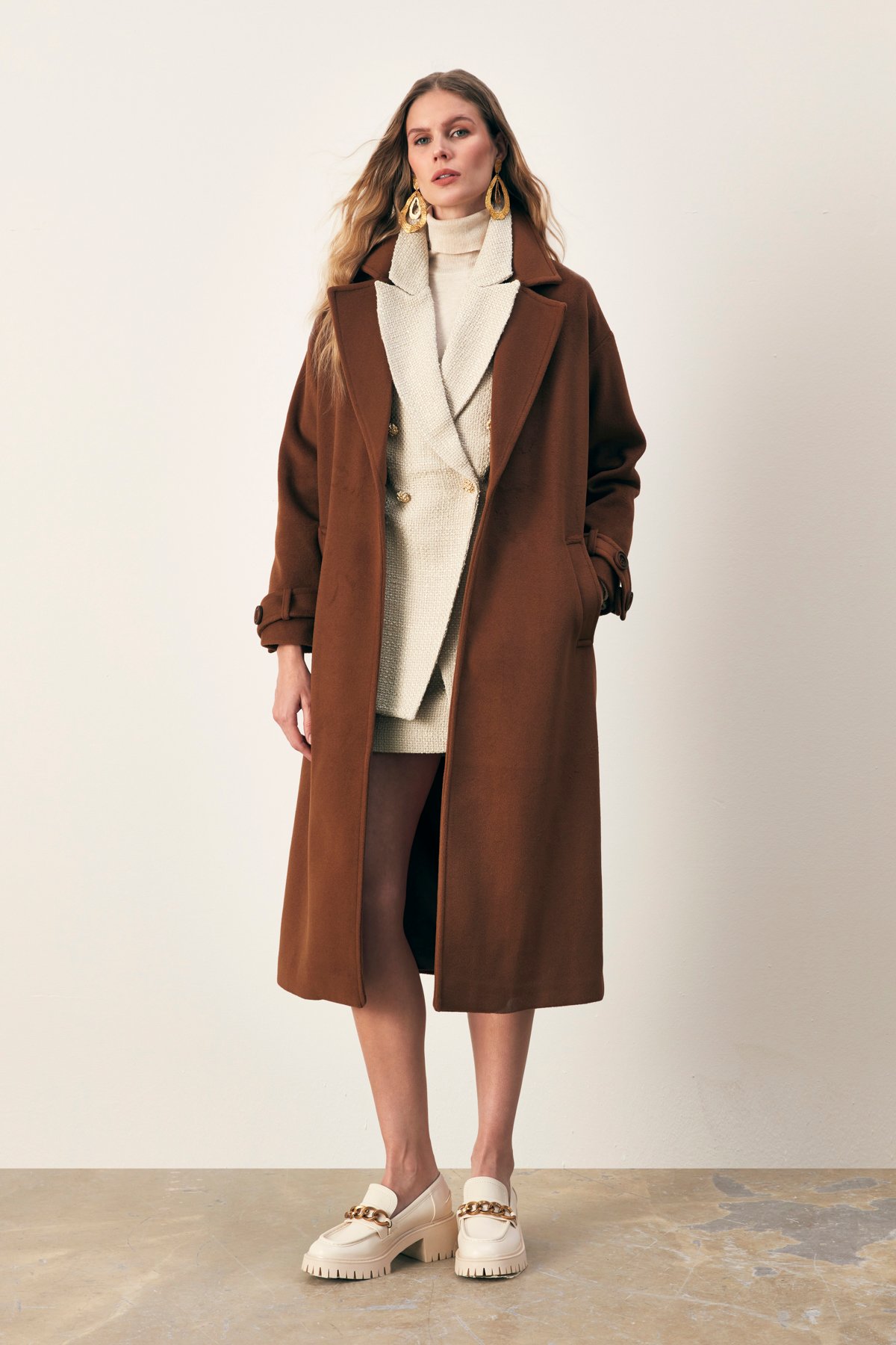 Arm Belt Detailed Loose Coat - BROWN