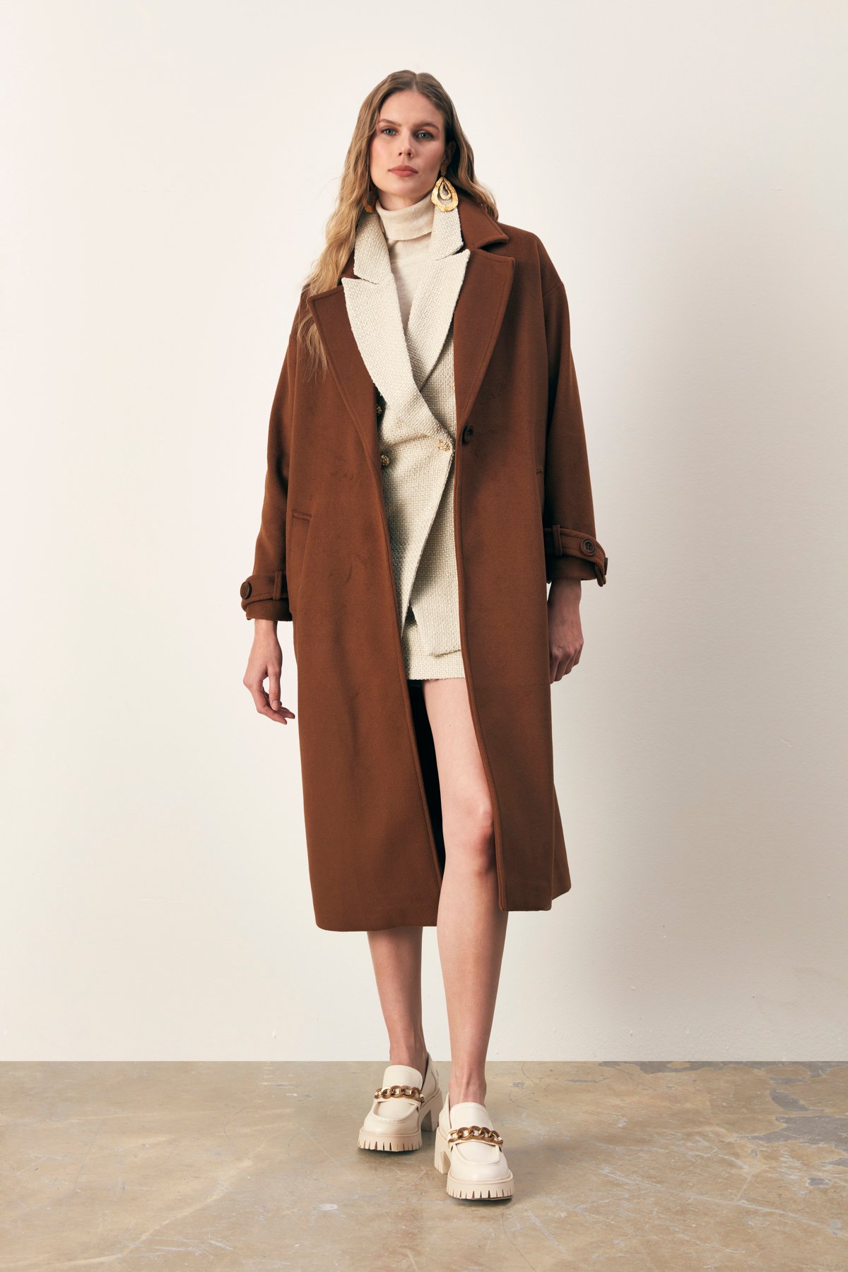 Arm Belt Detailed Loose Coat - BROWN