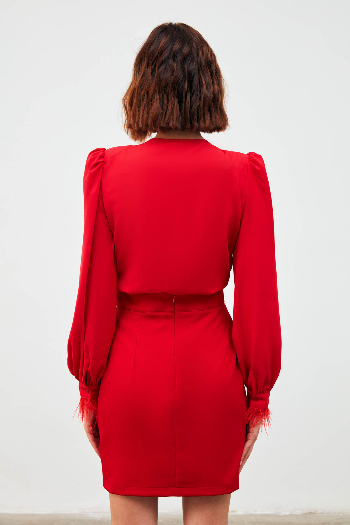 Kol Tüy Detaylı Bodysuit Bluz - KIRMIZI