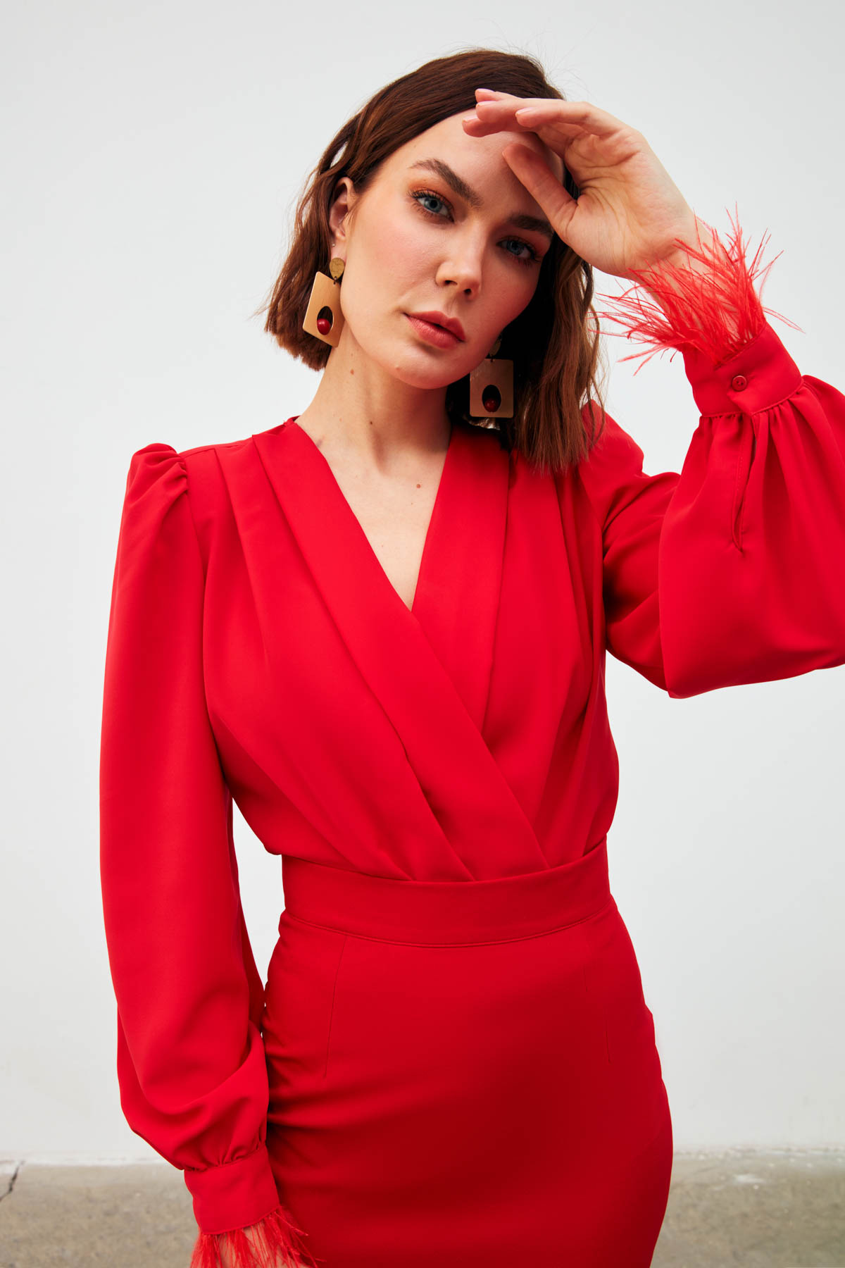 Kol Tüy Detaylı Bodysuit Bluz - KIRMIZI