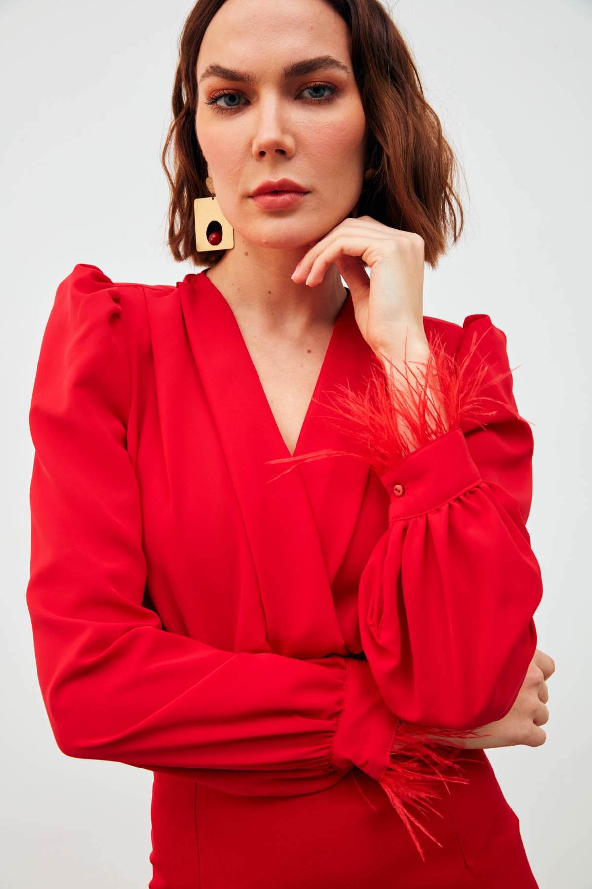 Kol Tüy Detaylı Bodysuit Bluz - KIRMIZI