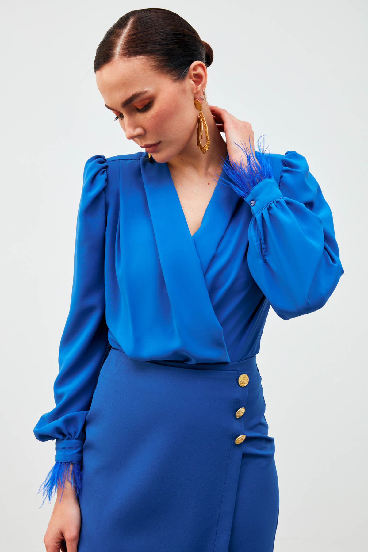 Kol Tüy Detaylı Bodysuit Bluz - SAX MAVİ