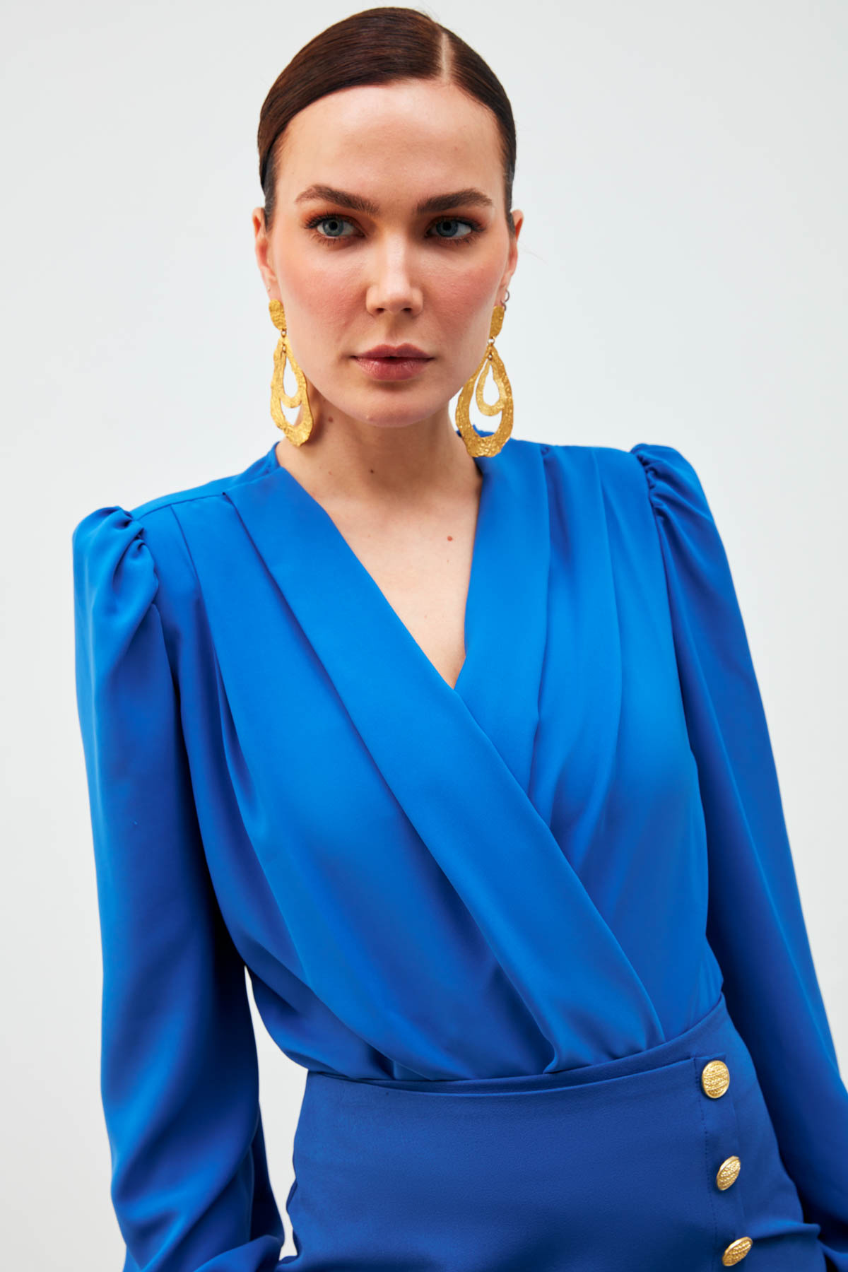 Kol Tüy Detaylı Bodysuit Bluz - SAX MAVİ