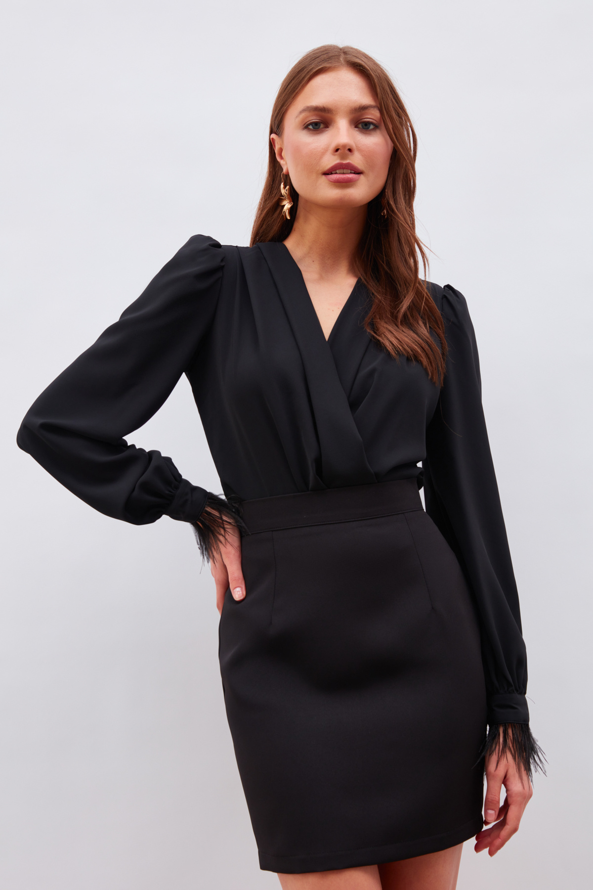 Kol Tüy Detaylı Bodysuit Bluz - SİYAH