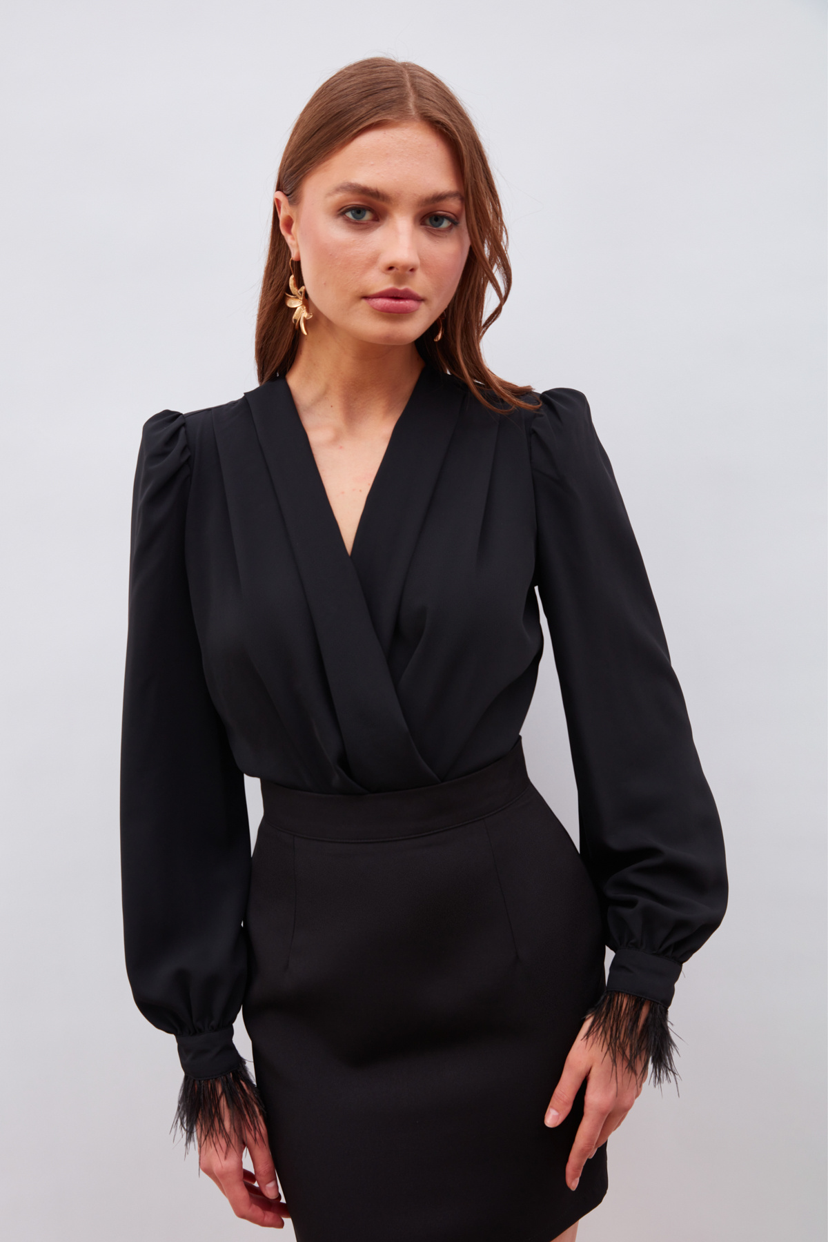 Kol Tüy Detaylı Bodysuit Bluz - SİYAH