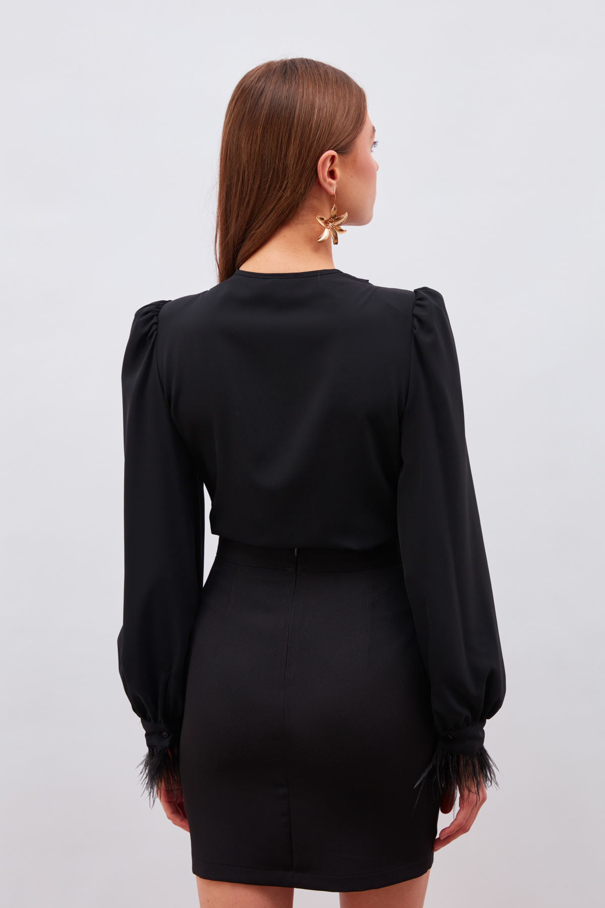 Kol Tüy Detaylı Bodysuit Bluz - SİYAH