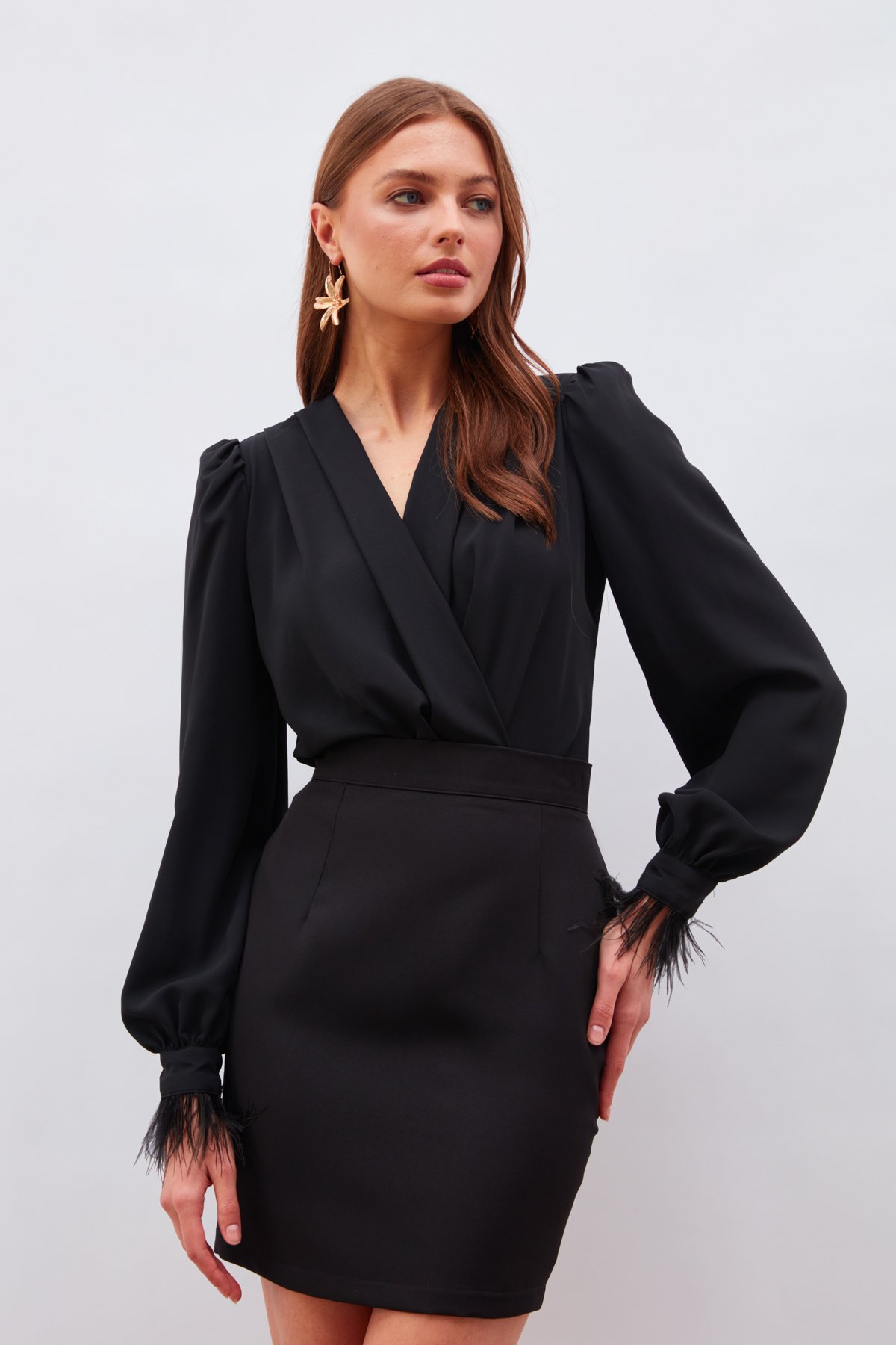 Kol Tüy Detaylı Bodysuit Bluz - SİYAH