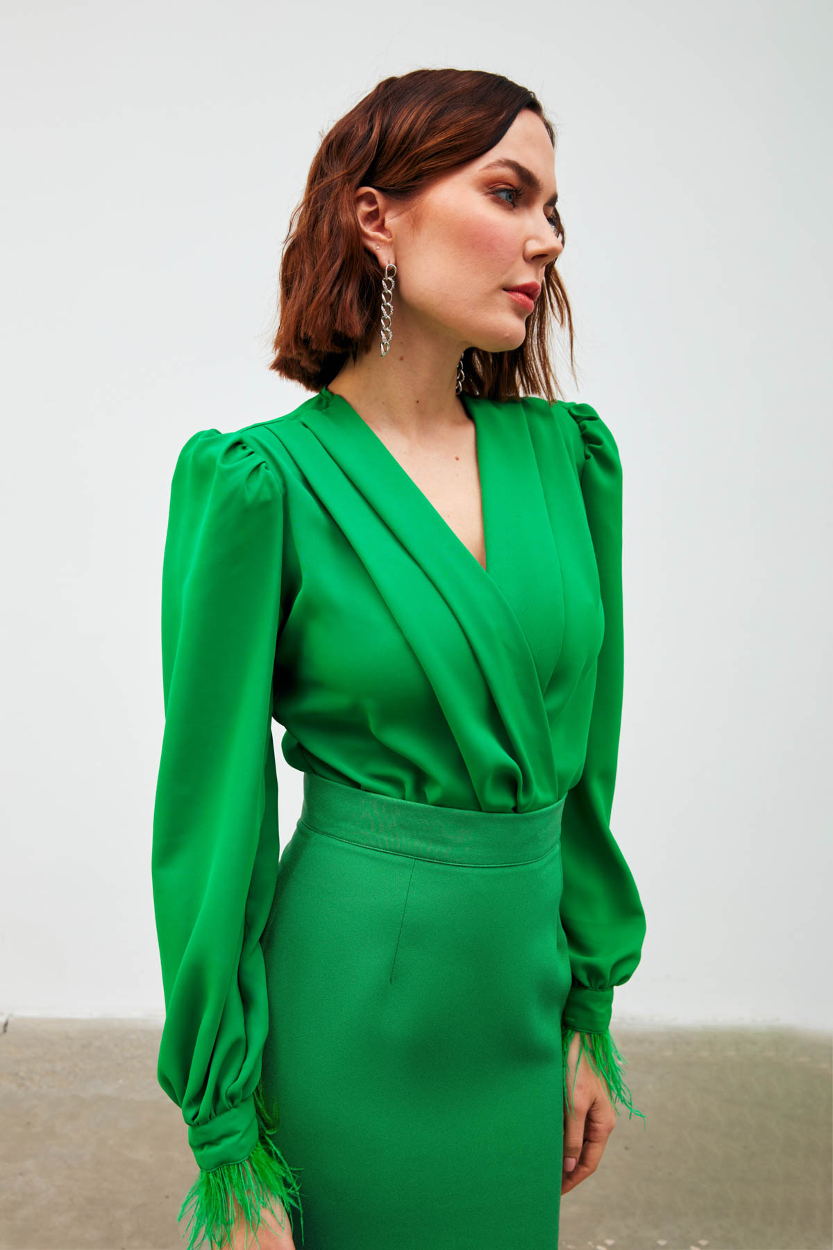 Kol Tüy Detaylı Bodysuit Bluz - YEŞİL