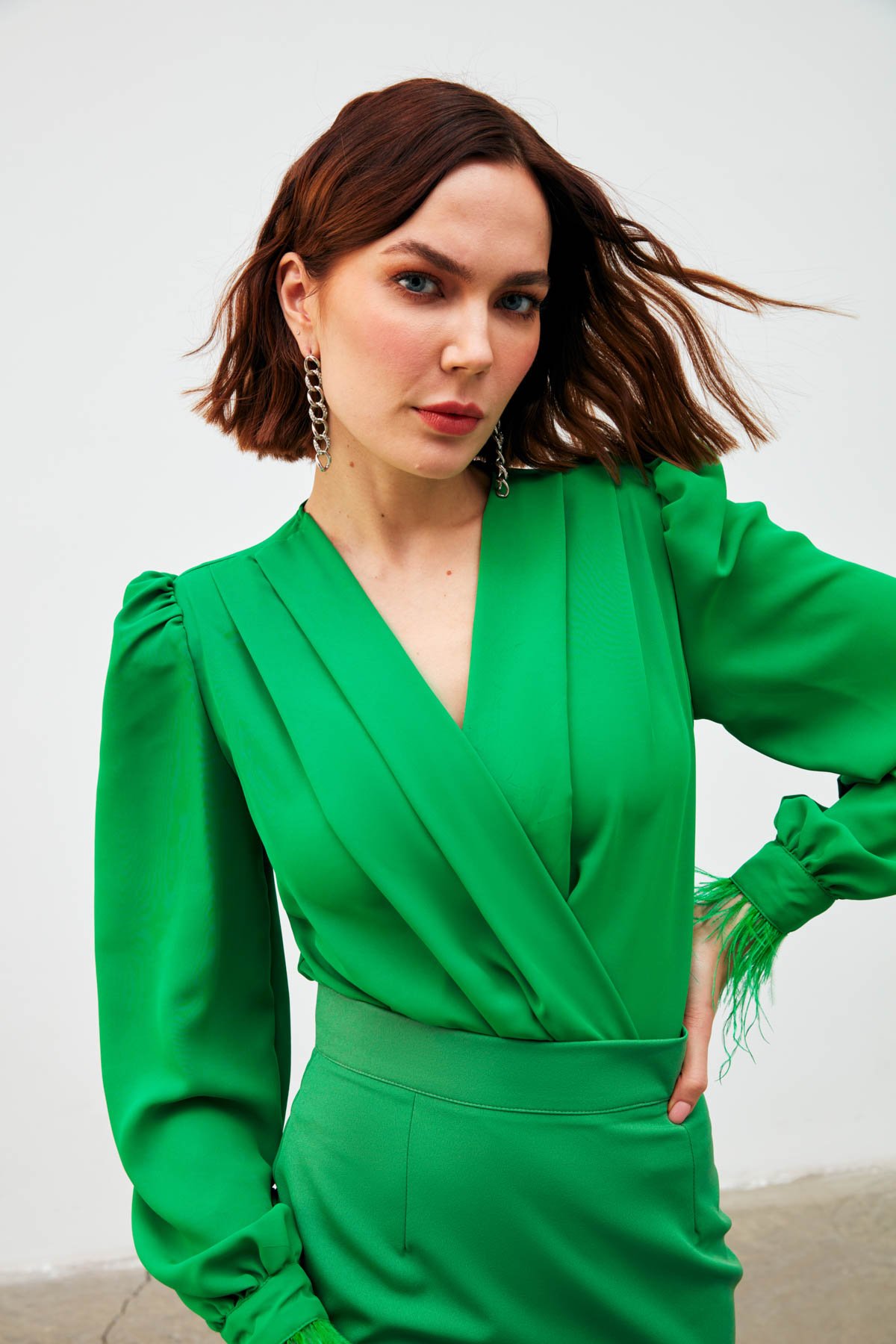 Kol Tüy Detaylı Bodysuit Bluz - YEŞİL