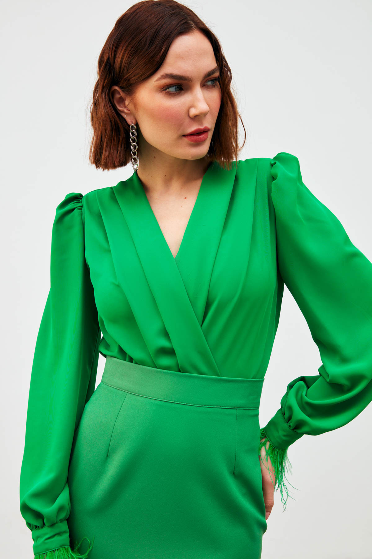 Kol Tüy Detaylı Bodysuit Bluz - YEŞİL