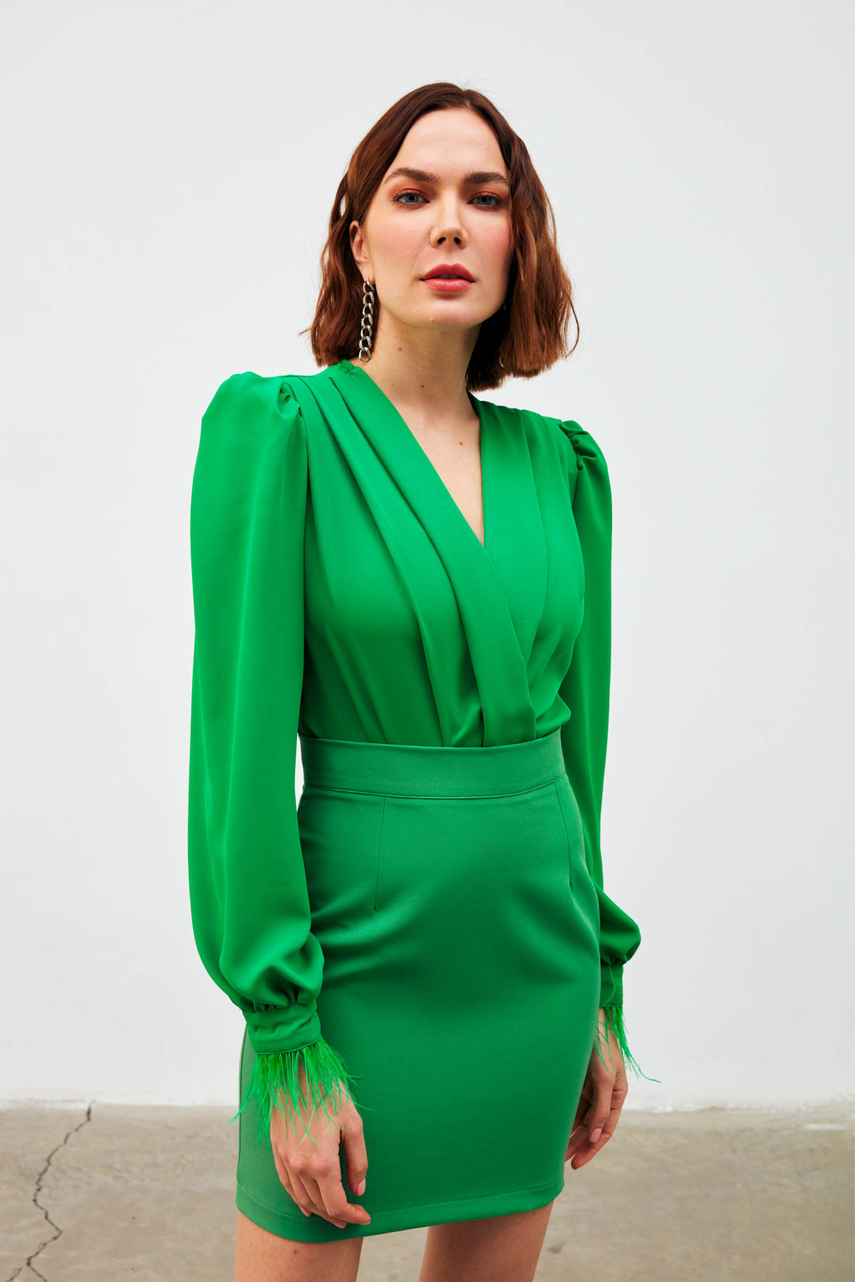 Kol Tüy Detaylı Bodysuit Bluz - YEŞİL