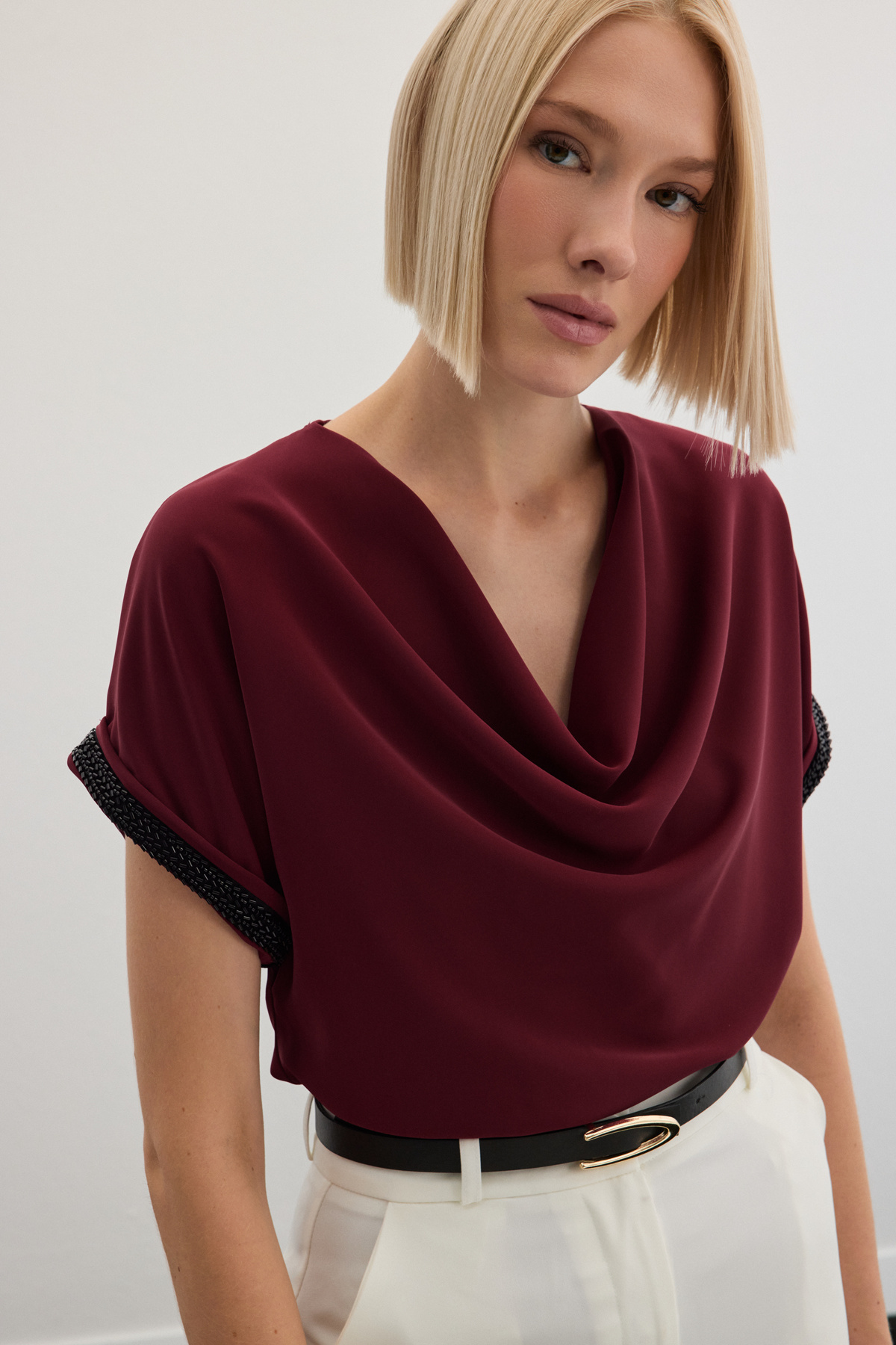 Kollar Taş Detaylı Salaş Bluz - Bordo