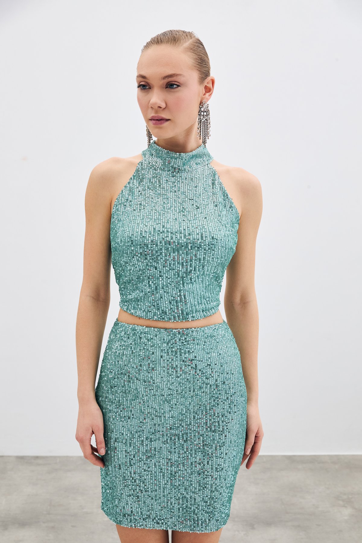 Sleeveless Sequined Blouse - Mınt