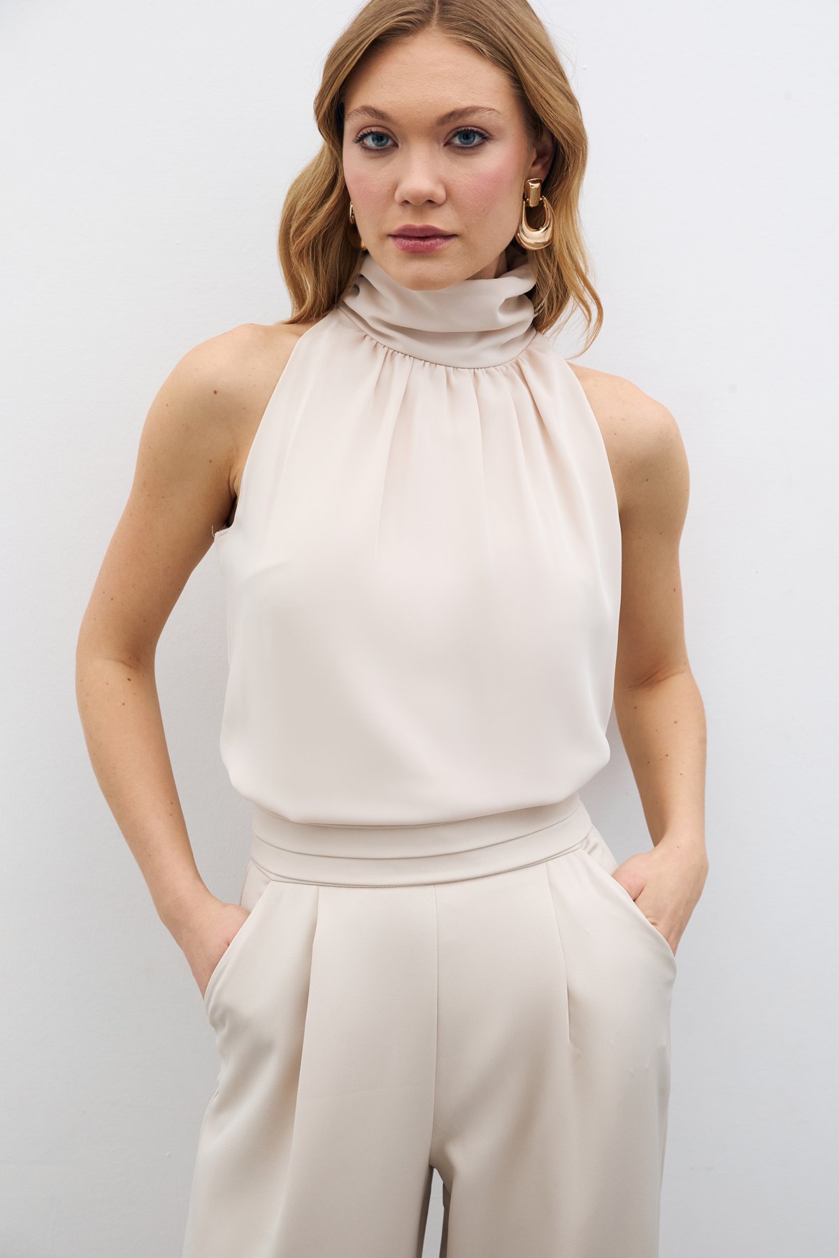 Sleeveless Loose Blouse - Beıge