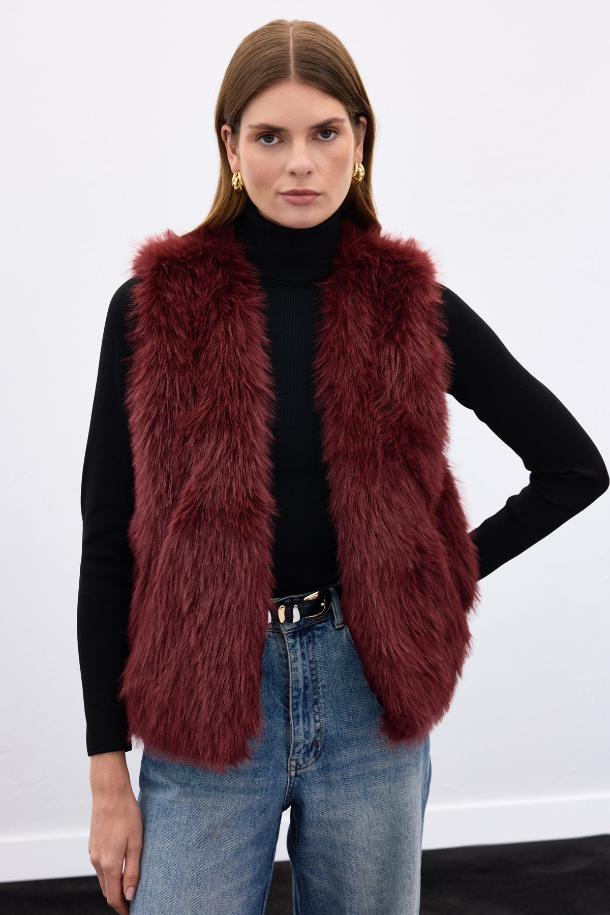 Kolsuz Uzun Yelek - Bordo